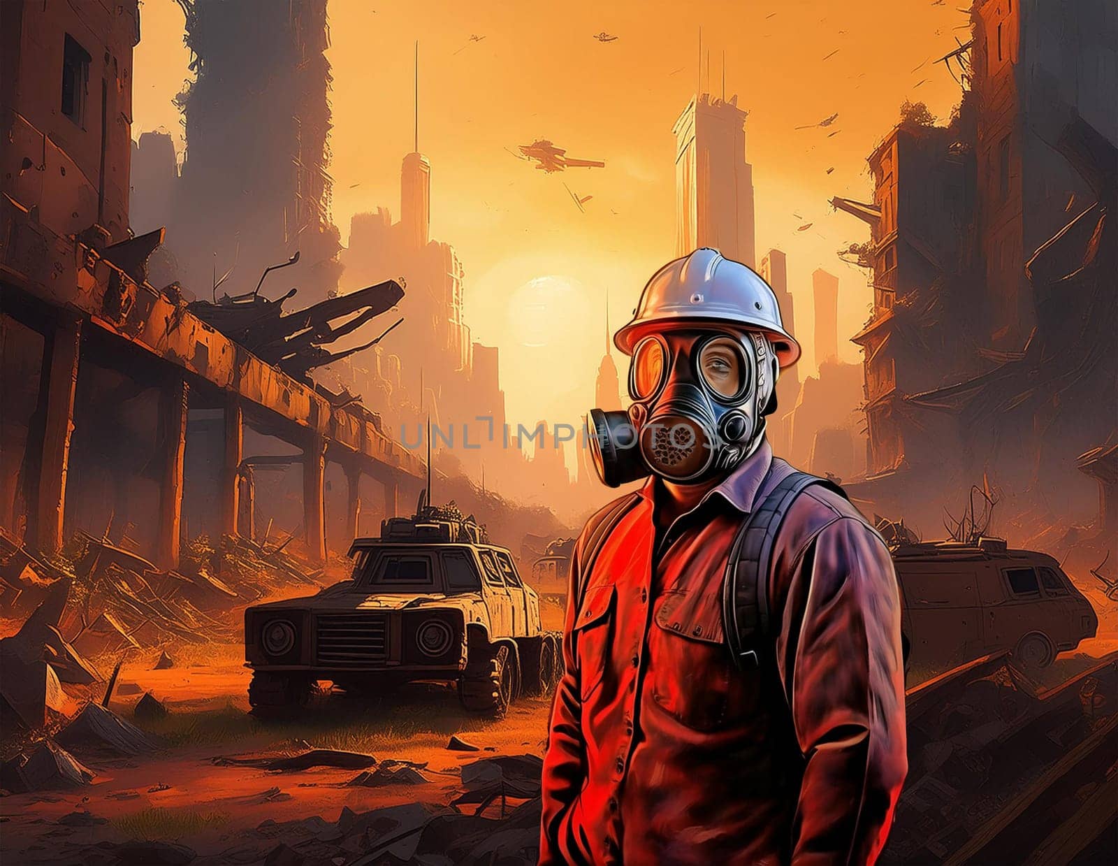 Post-apocalyptic ruined city, destroyed buildings, burned-out vehicles, destroyed streets