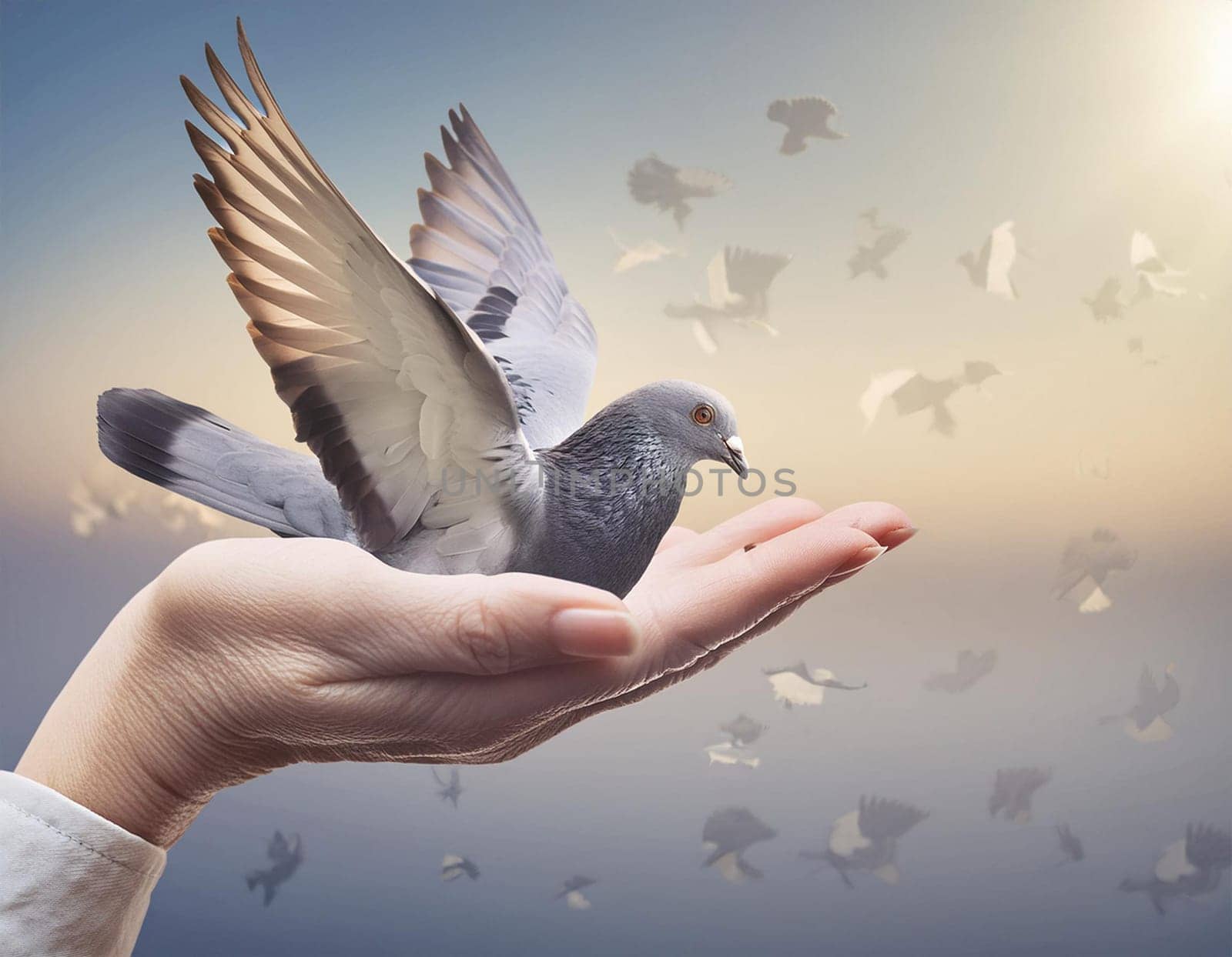 Peace dove flies from open hands. Symbol of purity and freedom. by JFsPic