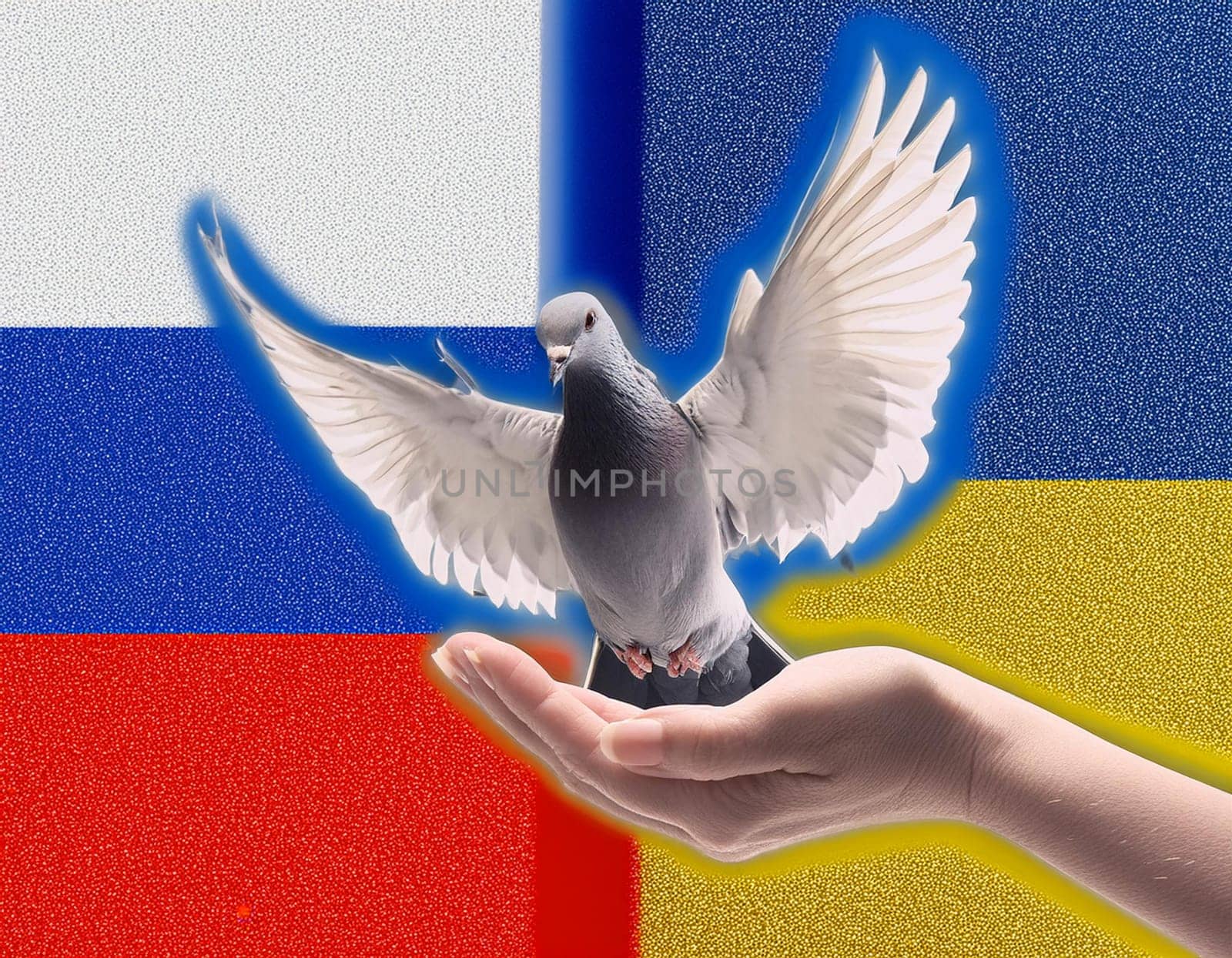 Ukrainian and Russia flags with a peace dove - peace for Ukraine, no war