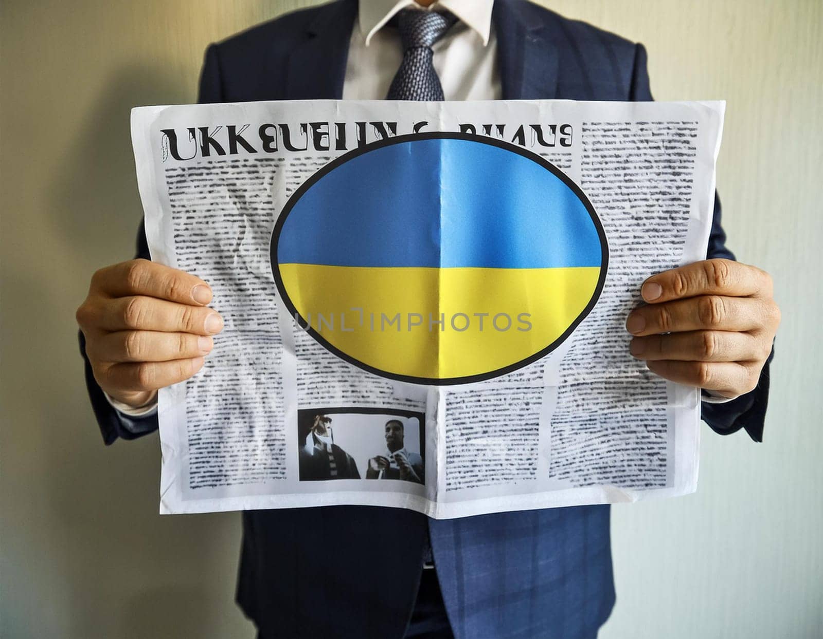 Hand holding a newspaper with the drawing of the flag of Ukraine on a white background