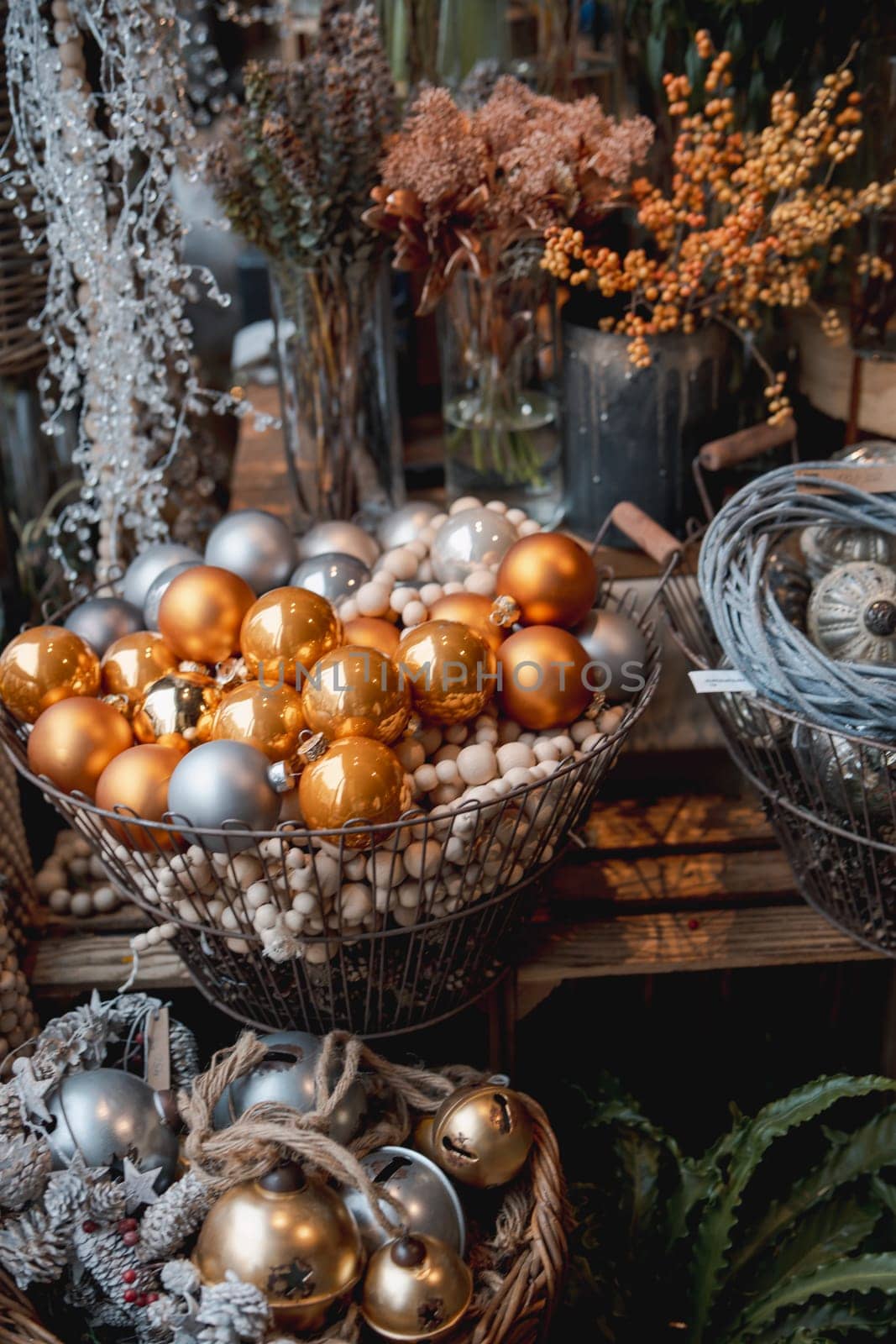 Festive and elegant New Year's decorations on the store's counter. High quality photo