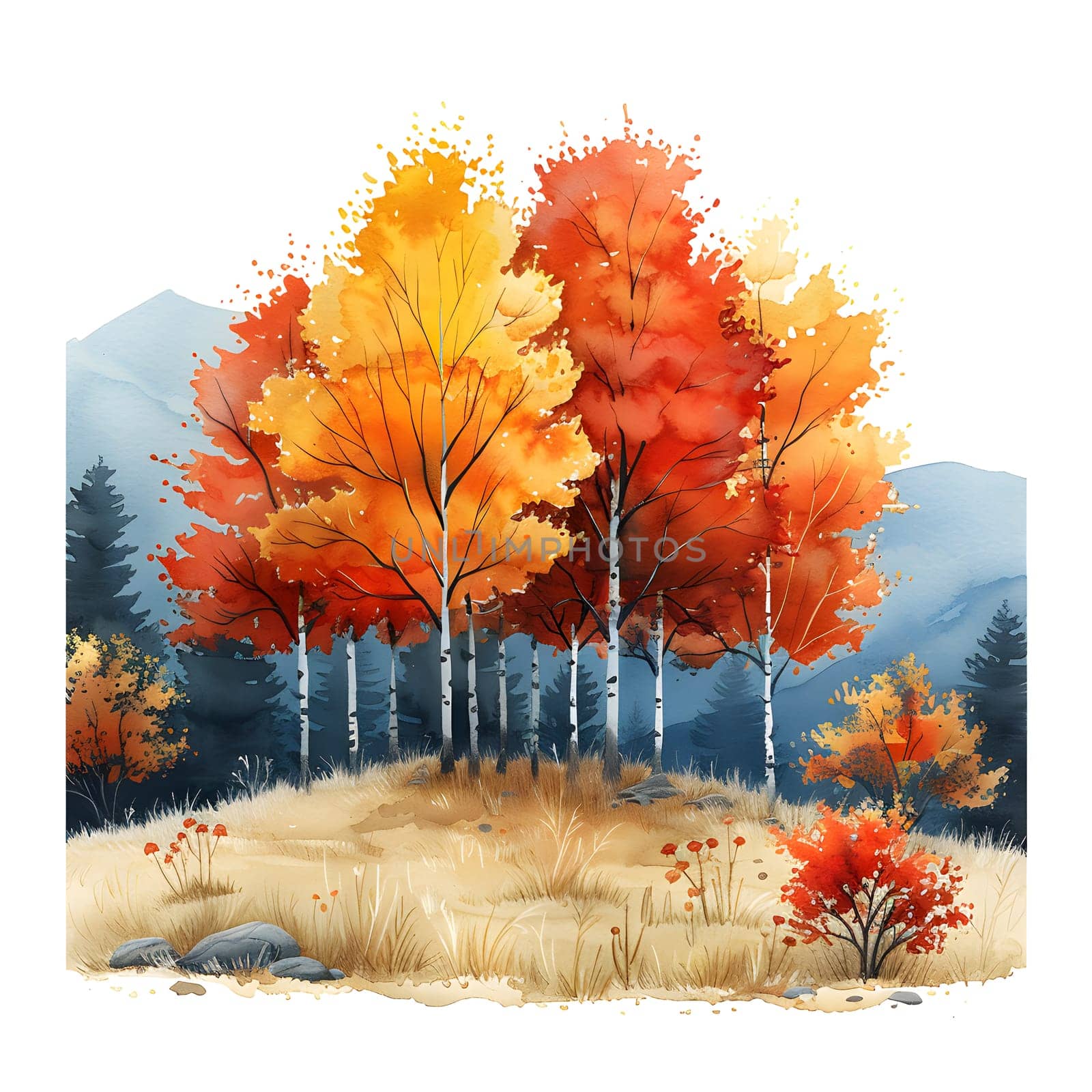 An art piece depicting a row of trees with vibrant red and yellow leaves against a grassy landscape, showcasing natures beauty in a creative way