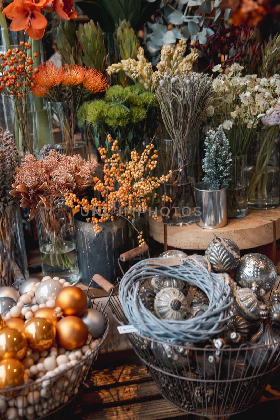 Gorgeous Christmas decor arranged on the store's display counter. High quality photo