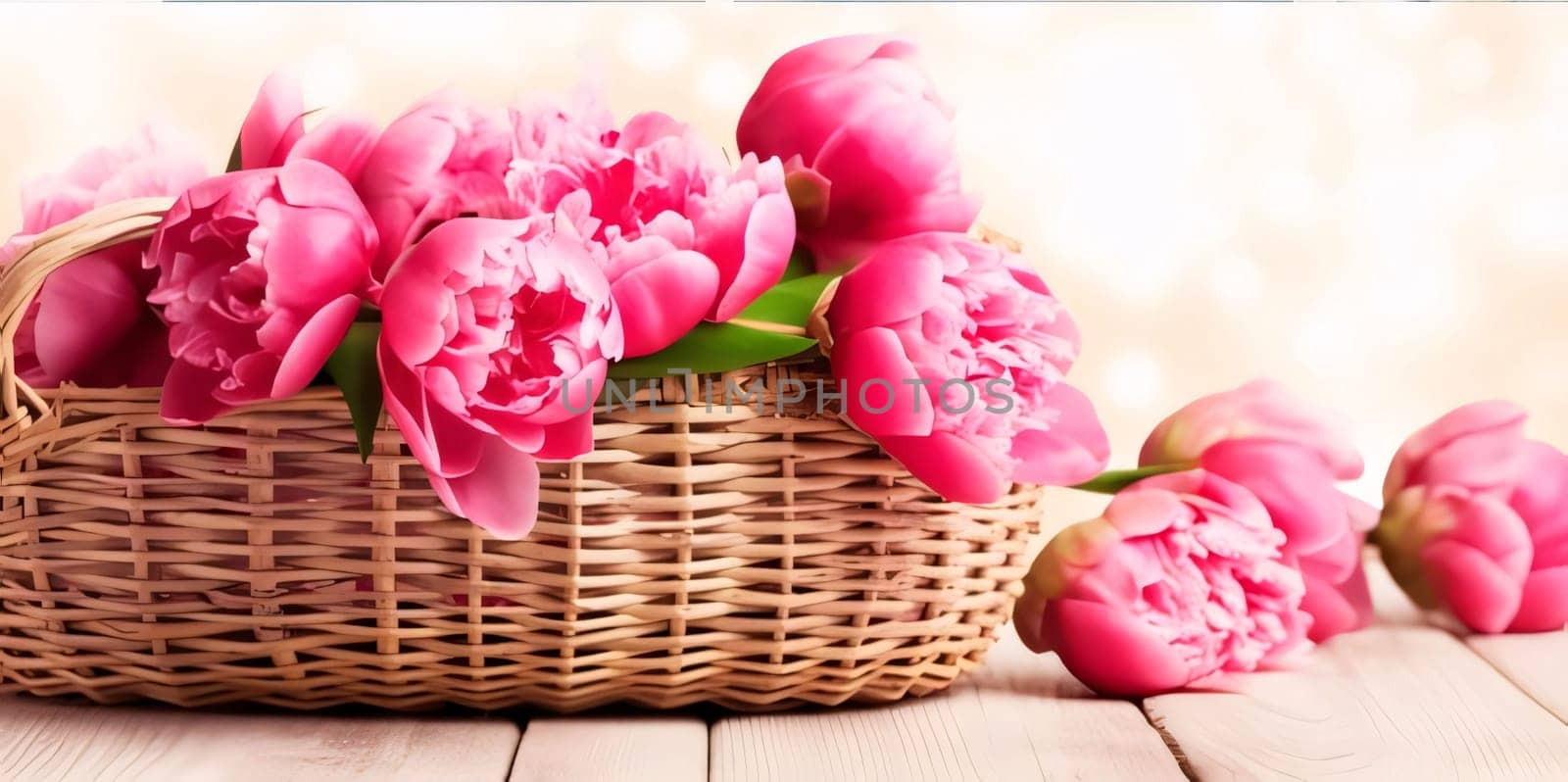 Bouquet of pink tulips in a basket on a wooden background by ThemesS