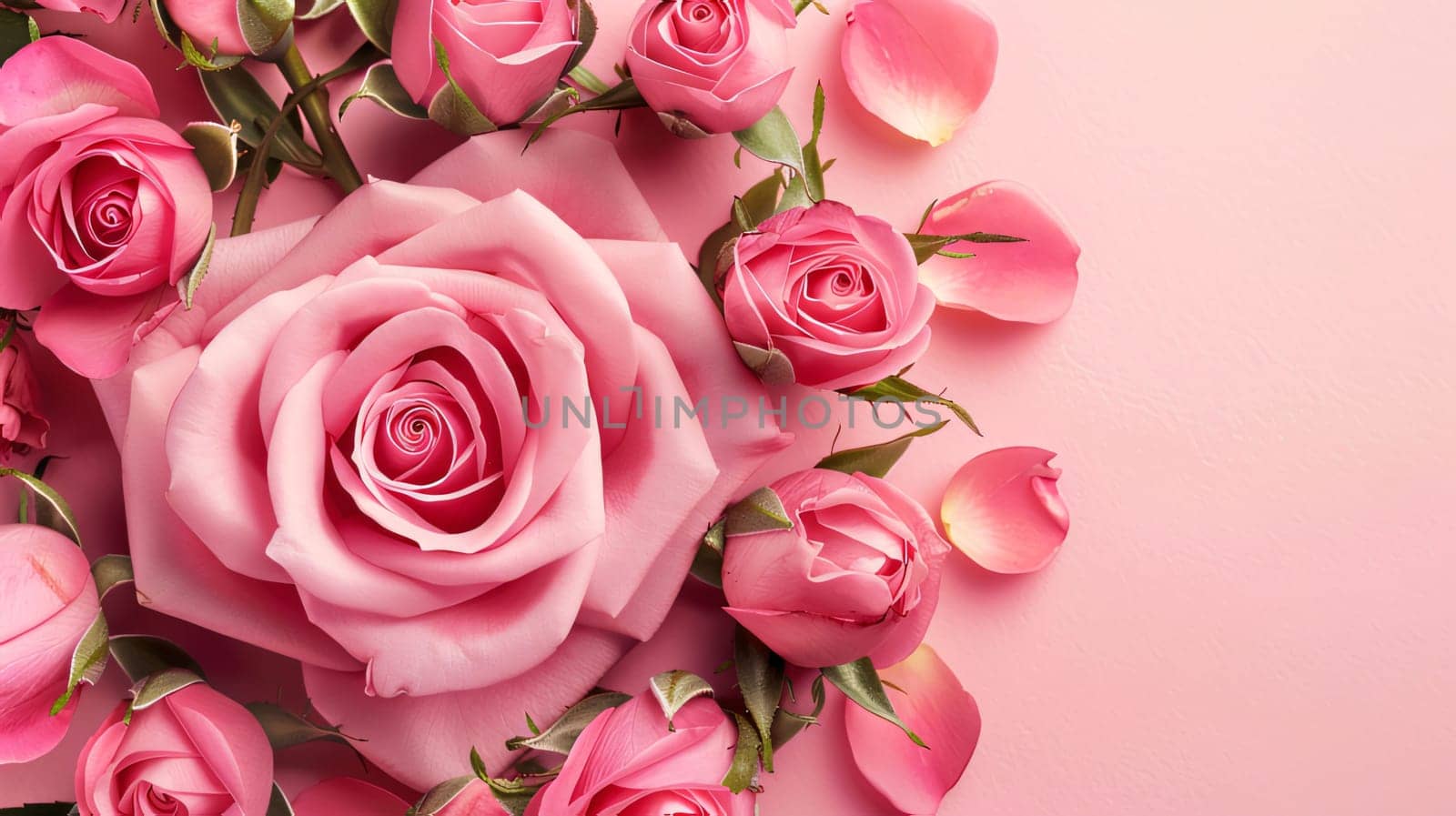 Pink roses and petals on pink background. Top view, copy space by ThemesS