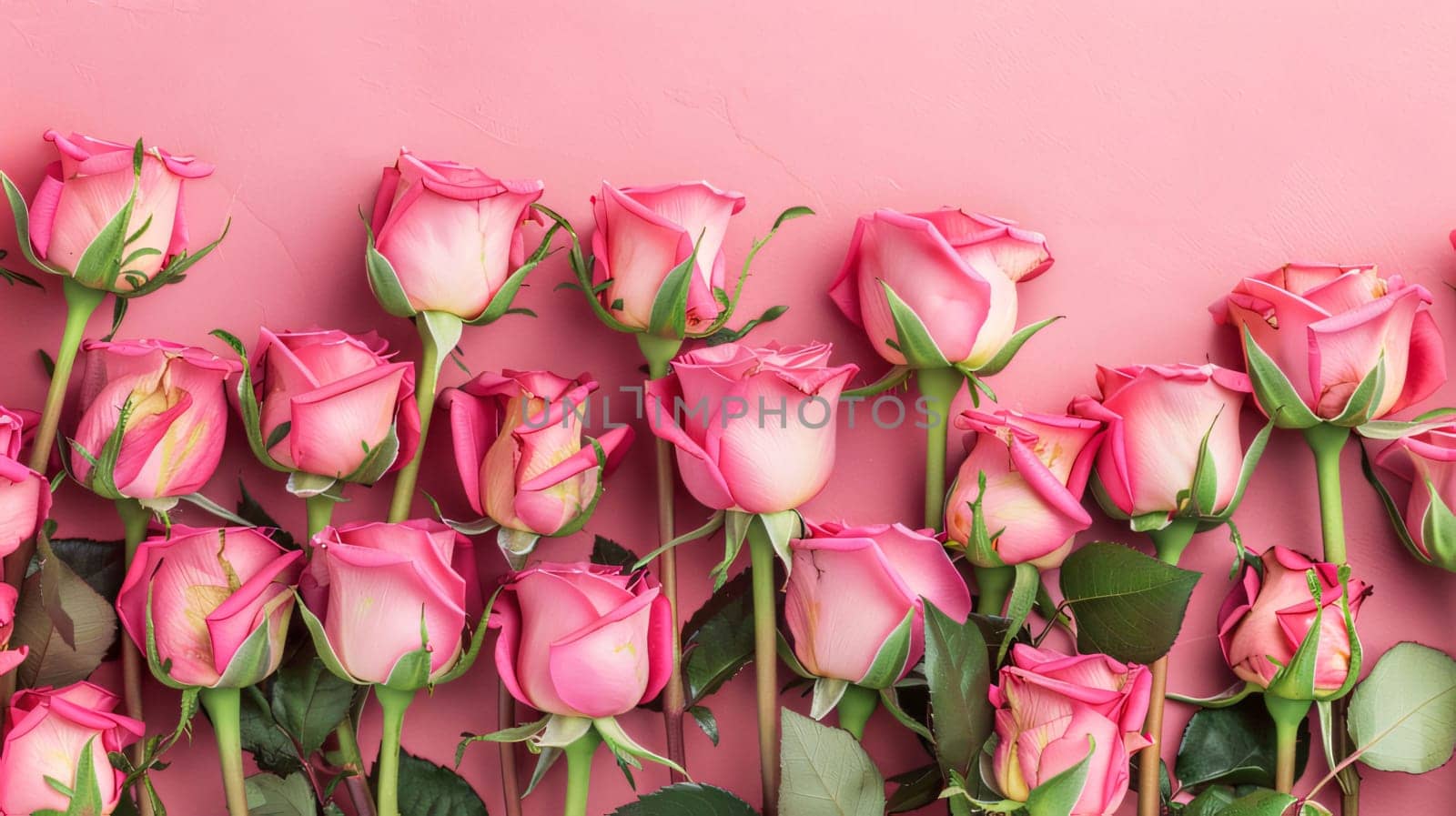 Mother's Day: Pink roses on pink background. Flat lay, top view, copy space