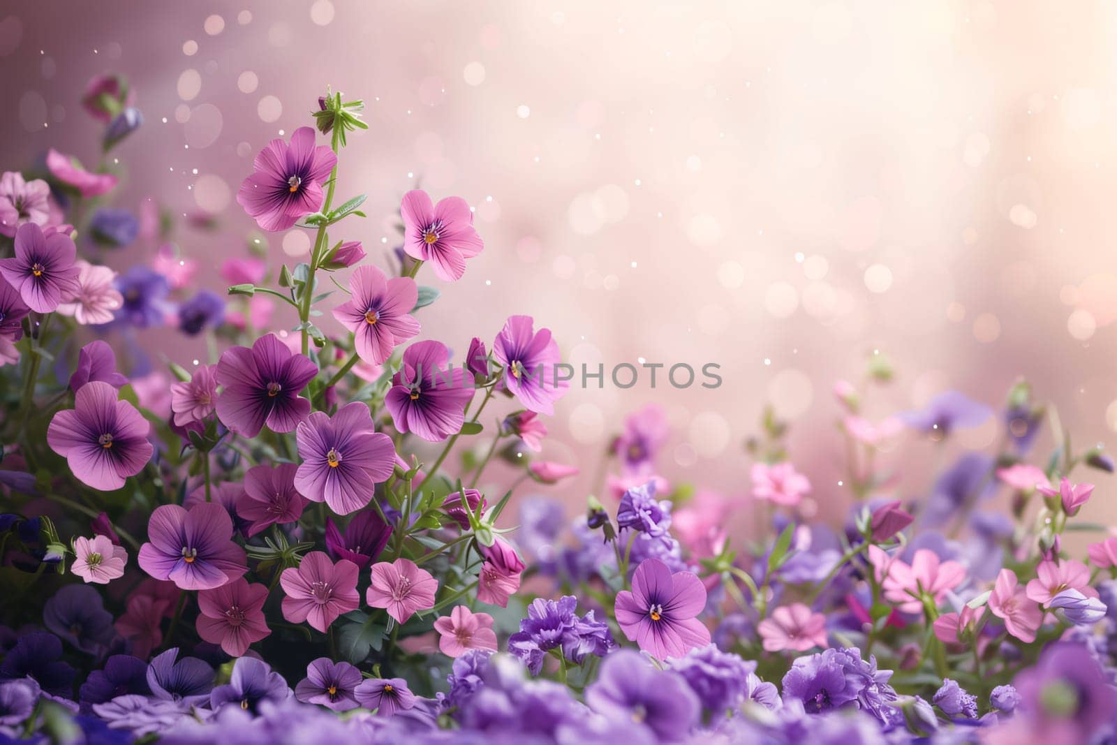 Violet pansy flowers on bokeh background. Spring nature background by ThemesS