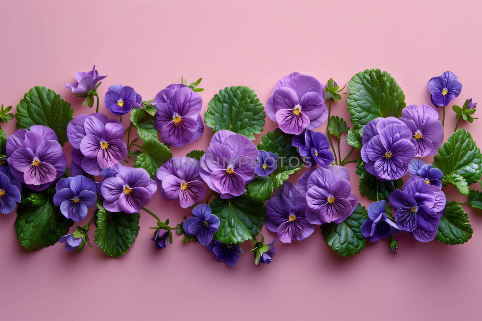 Mother's Day: Beautiful purple viola flowers on pink background. Flat lay, top view