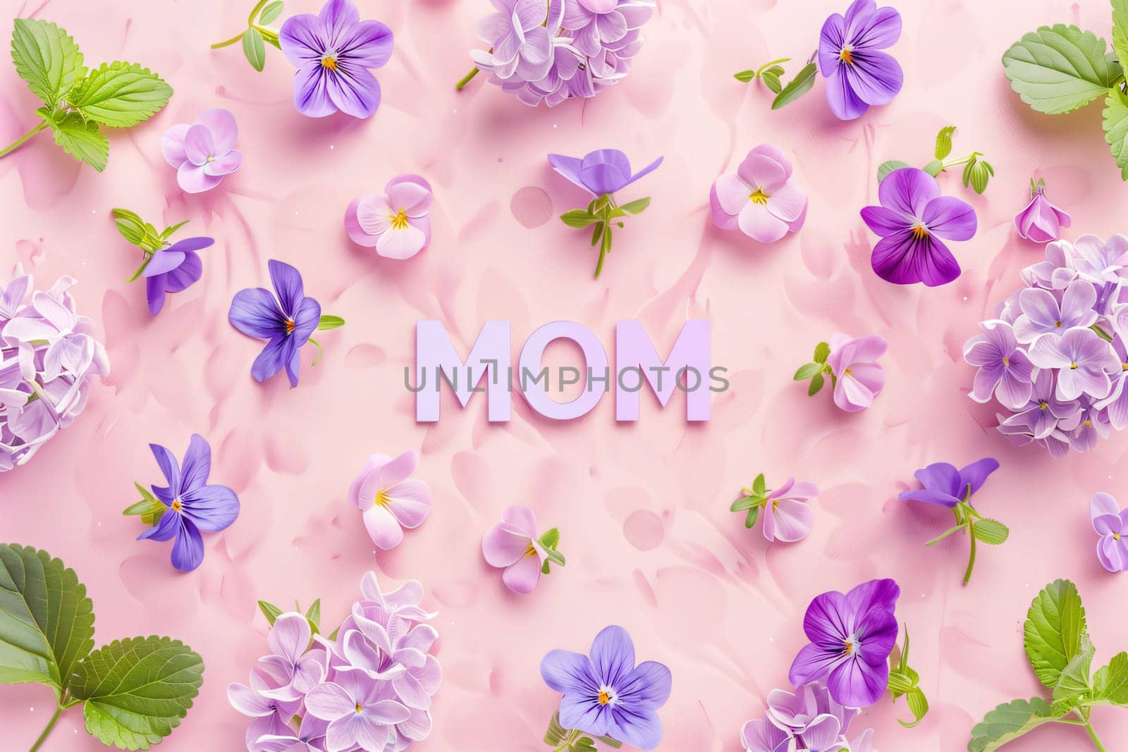 Mother's Day: Mother's Day greeting card with flowers on pink background. Flat lay, top view