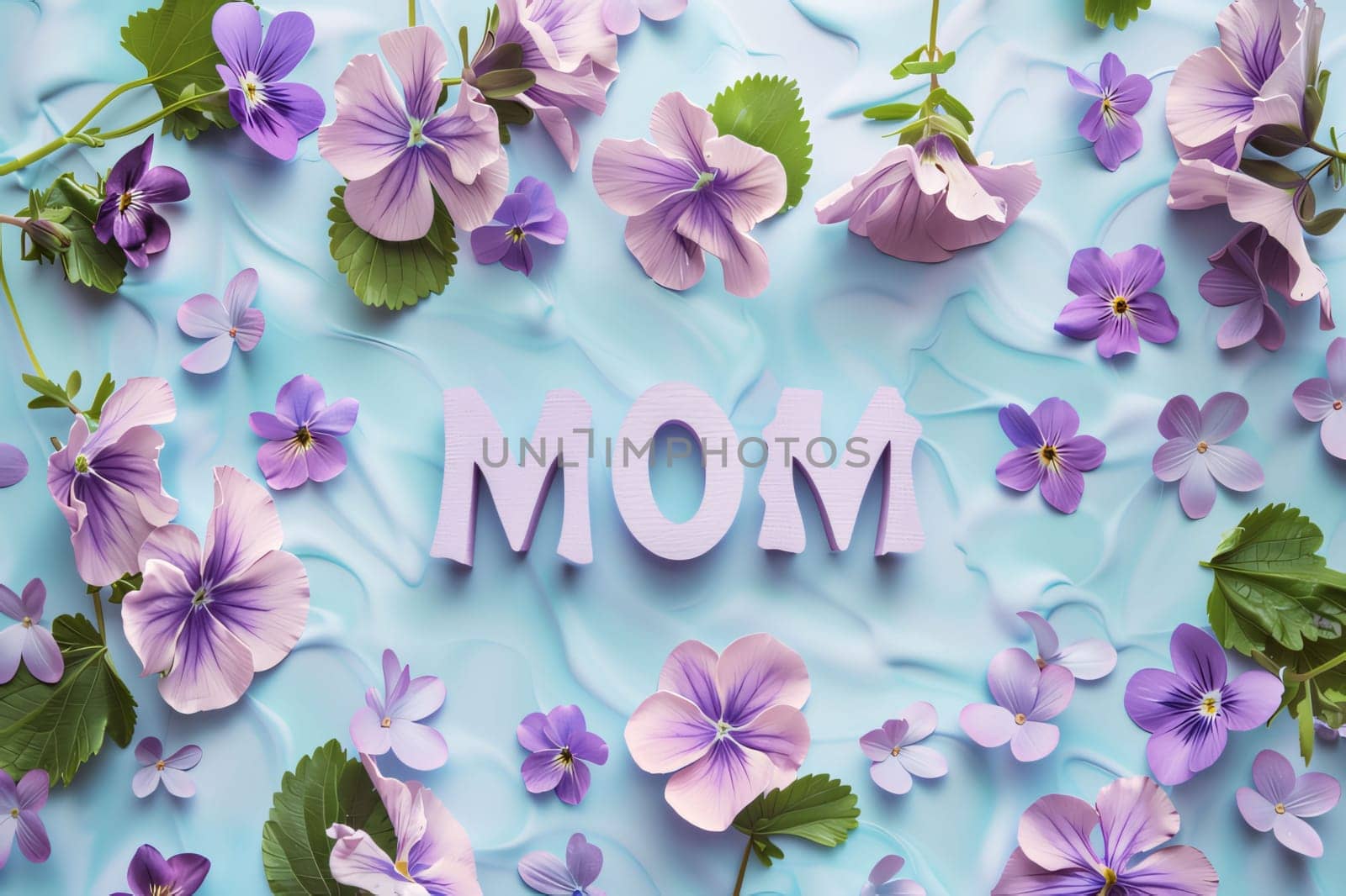 Mother's Day: Mother's Day Greeting Card with Purple Flowers on a Blue Background