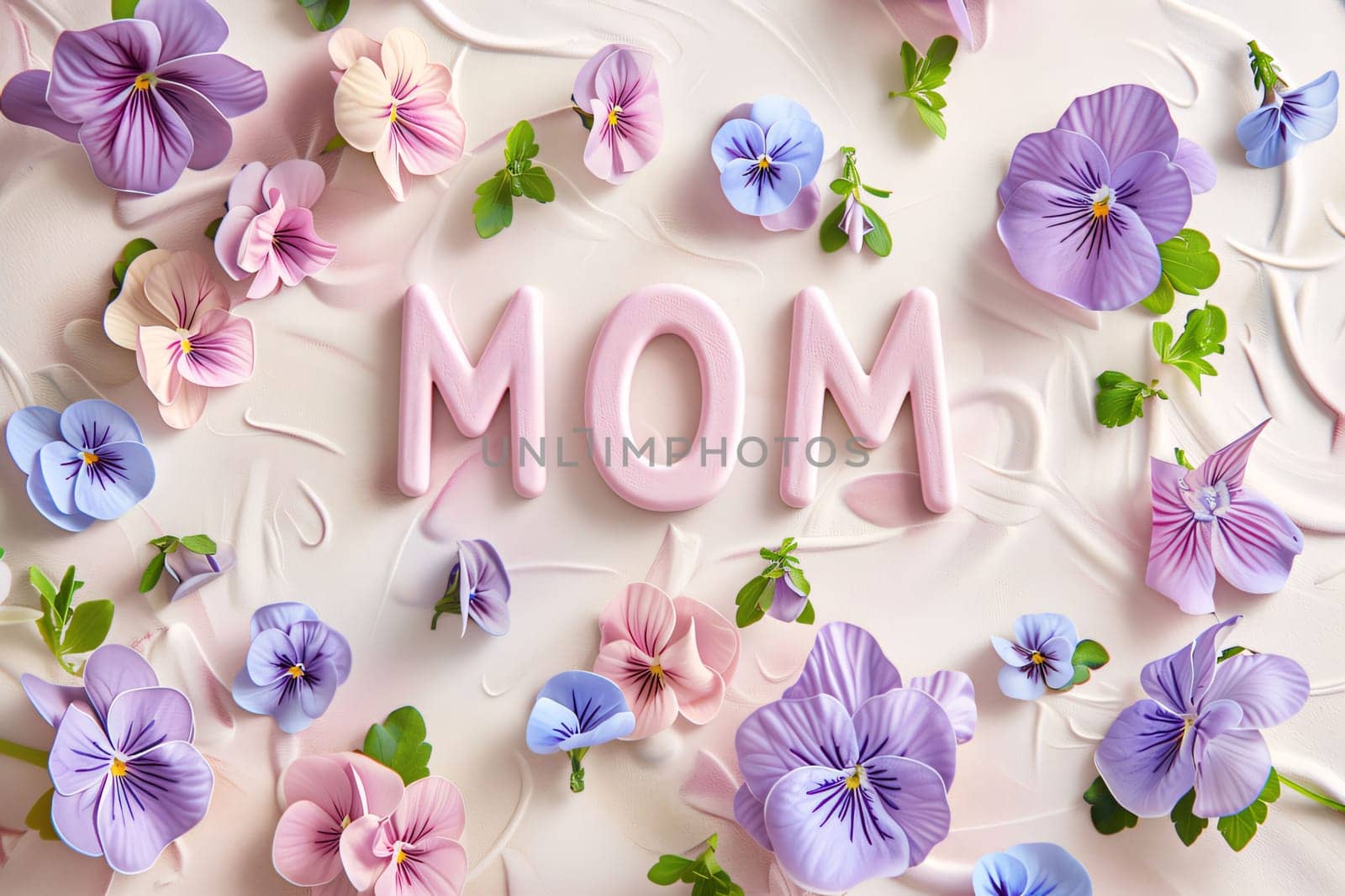 Mother's Day: The word "Mom" made of flowers on white background