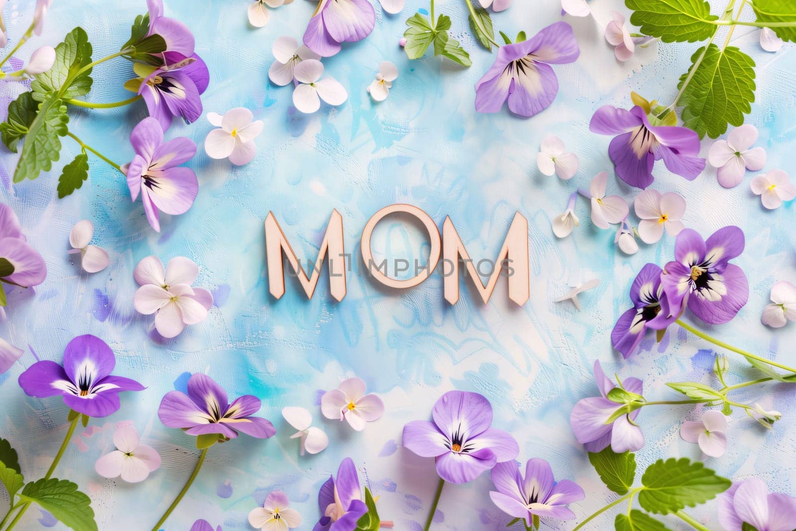 Word mom made of wooden letters and spring flowers on blue paper background by ThemesS