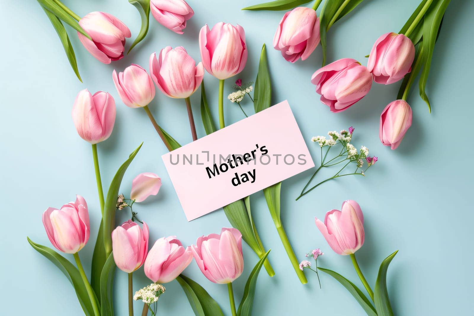 Pink tulips, gypsophila and card with text Hello March on blue background by ThemesS