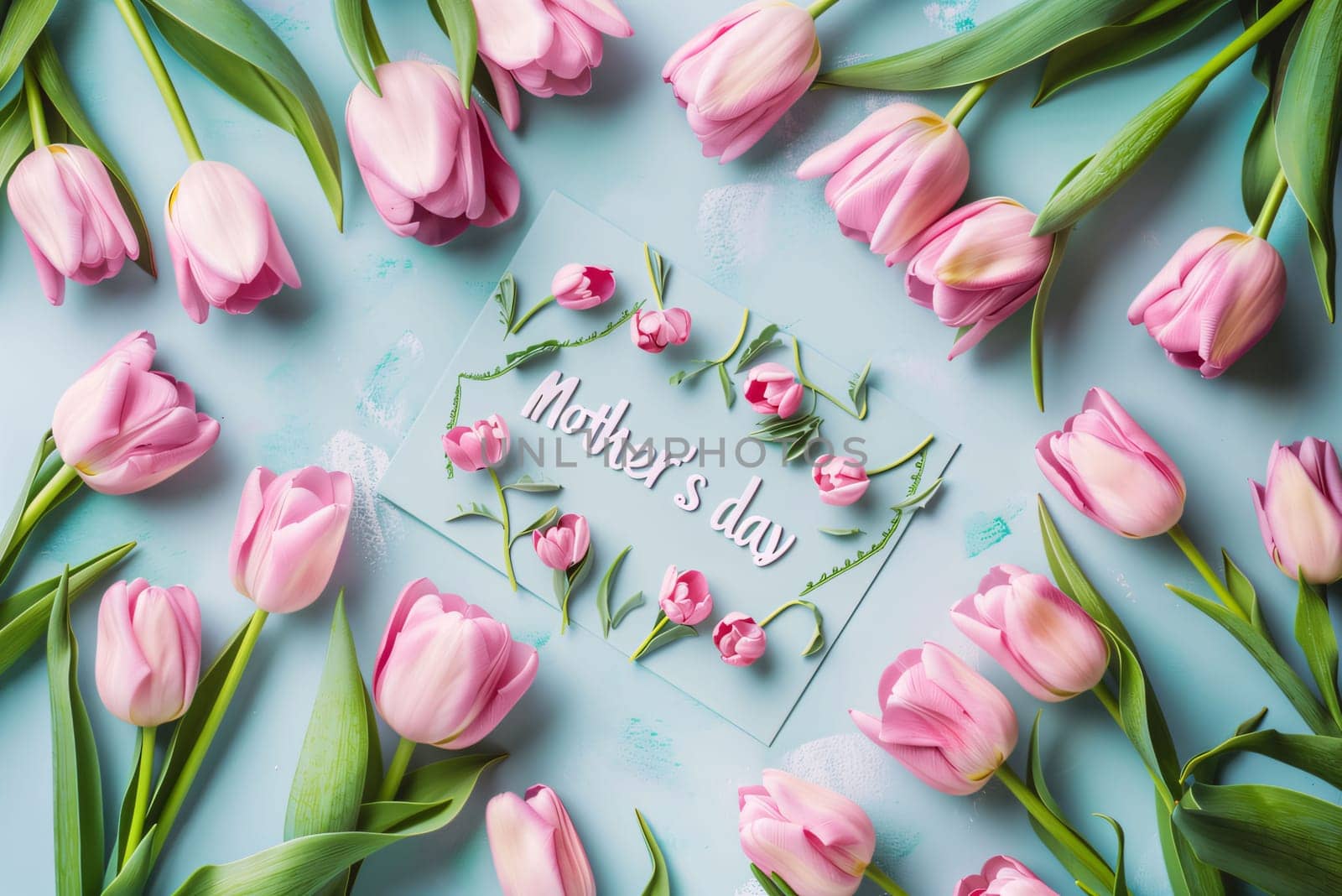 pink tulips and greeting card on blue background, flat lay by ThemesS