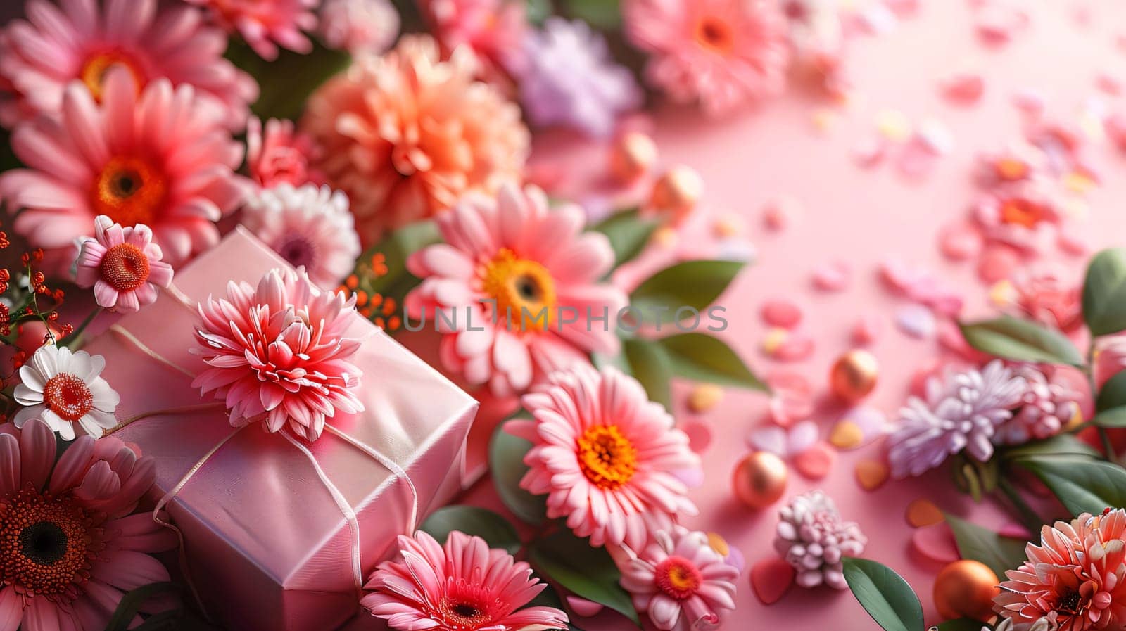 Beautiful flowers with gift box on pink background, closeup. Space for text by ThemesS