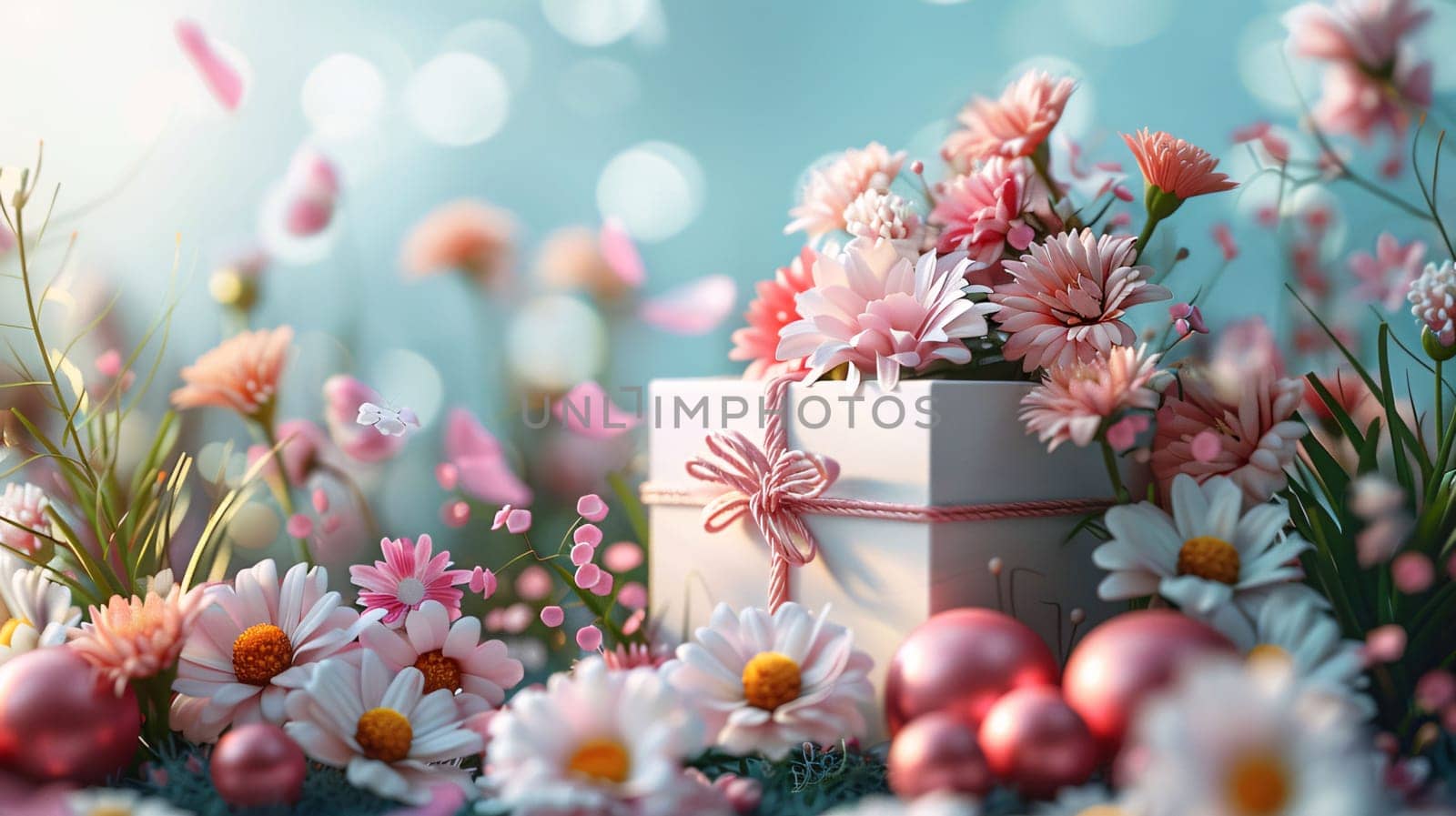 Easter eggs and spring flowers. Easter background with copy space. by ThemesS