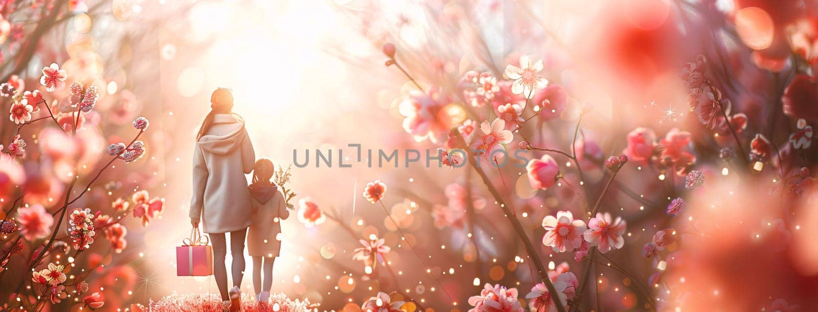 Happy mother and daughter walking in spring blooming garden at sunset. by ThemesS