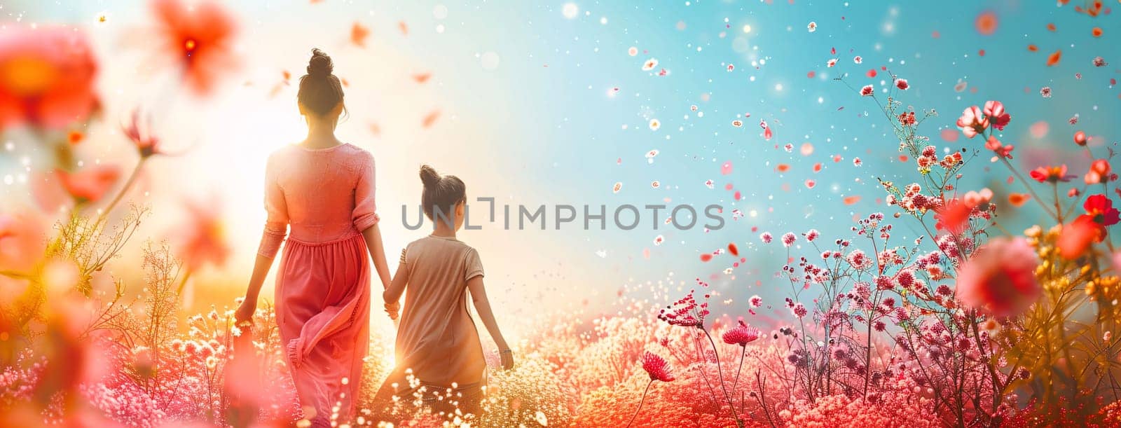 Mother's Day: Mother and daughter walking in the meadow of poppies.