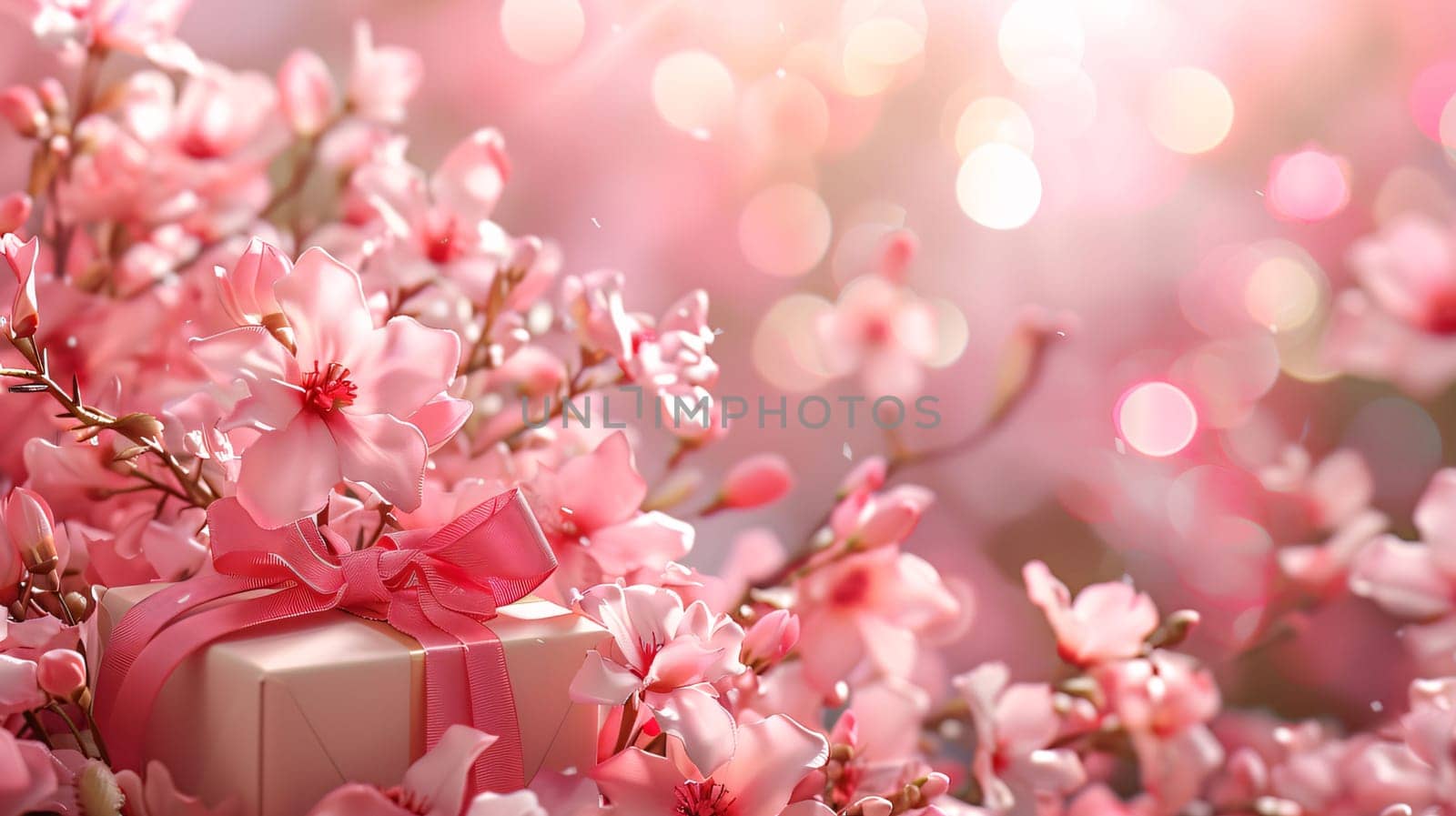 Beautiful pink magnolia flowers with gift box on bokeh background by ThemesS