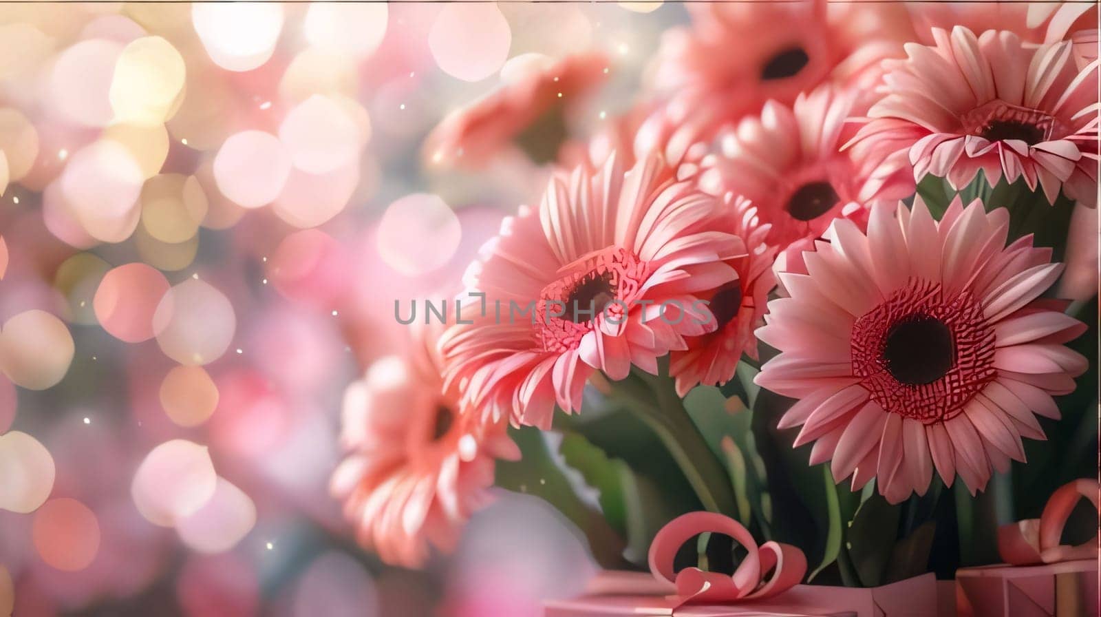 Bouquet of pink gerbera daisies on bokeh background by ThemesS