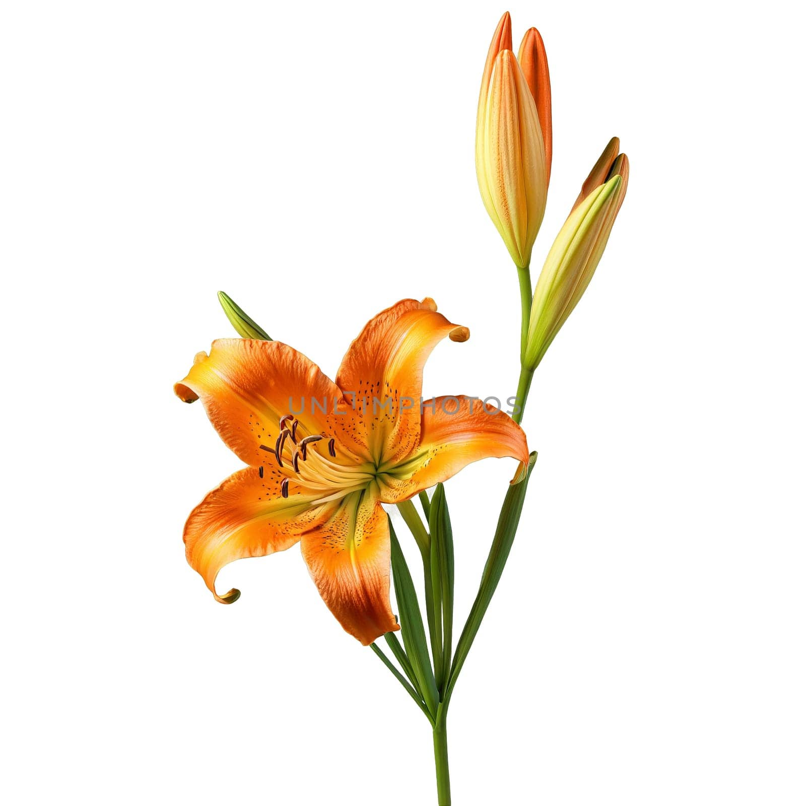 Orange lily vibrant recurved petals with dark spots prominent stamens Lilium bulbiferum. Flowers isolated on transparent background.