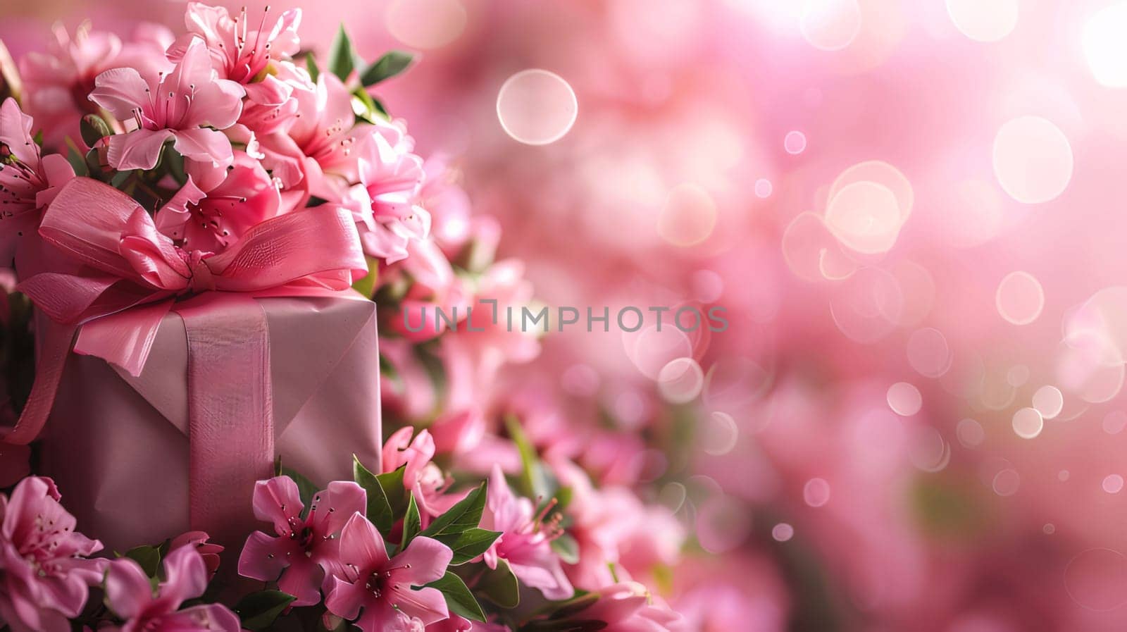 Bouquet of pink flowers and gift box on bokeh background by ThemesS