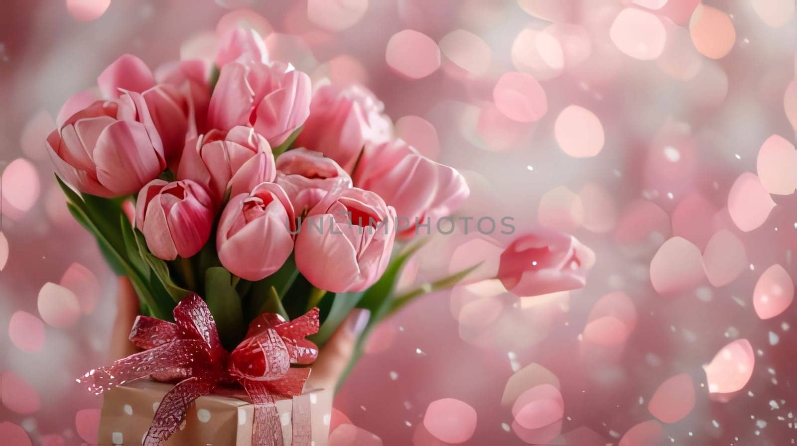 Mother's Day: Bouquet of pink tulips with gift box on bokeh background