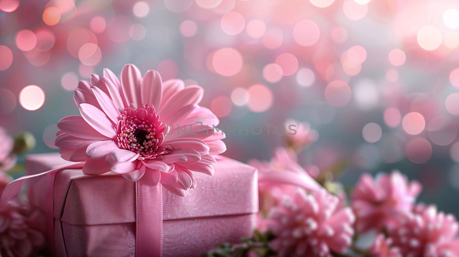 Mother's Day: Pink gerbera flower and gift box on bokeh background