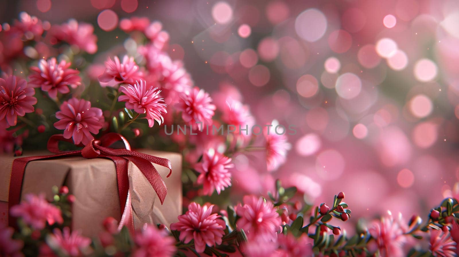 Bouquet of pink flowers and gift box on bokeh background by ThemesS