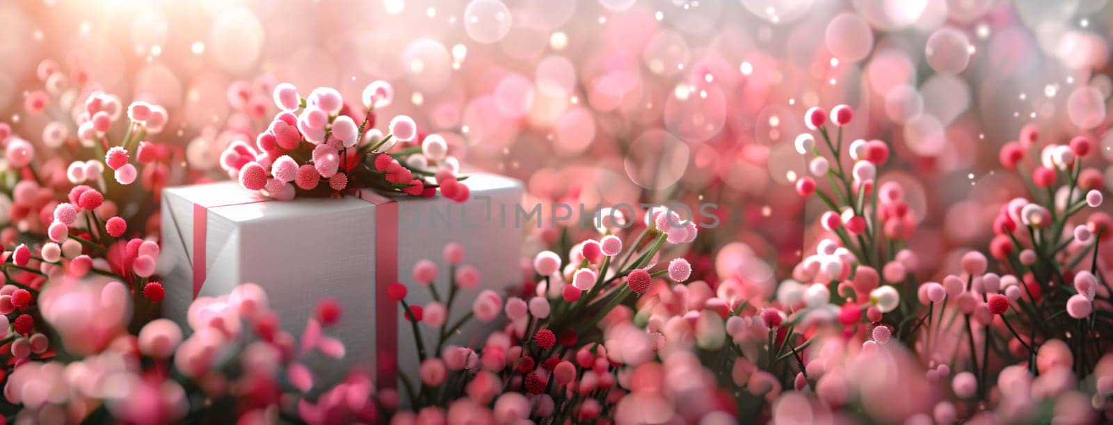 Mother's Day: Gift box with pink flowers on abstract bokeh background.