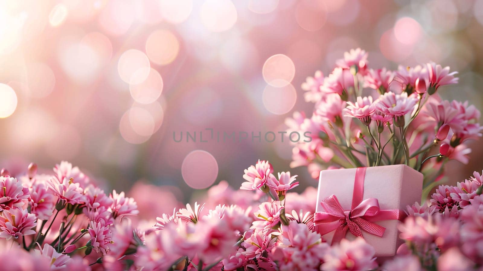 Pink chrysanthemum and gift box on bokeh background by ThemesS