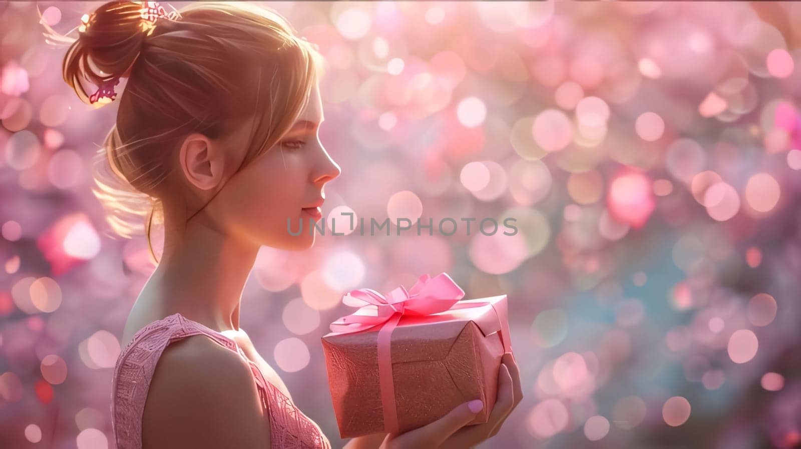 Beautiful girl with a gift on a bokeh background. by ThemesS