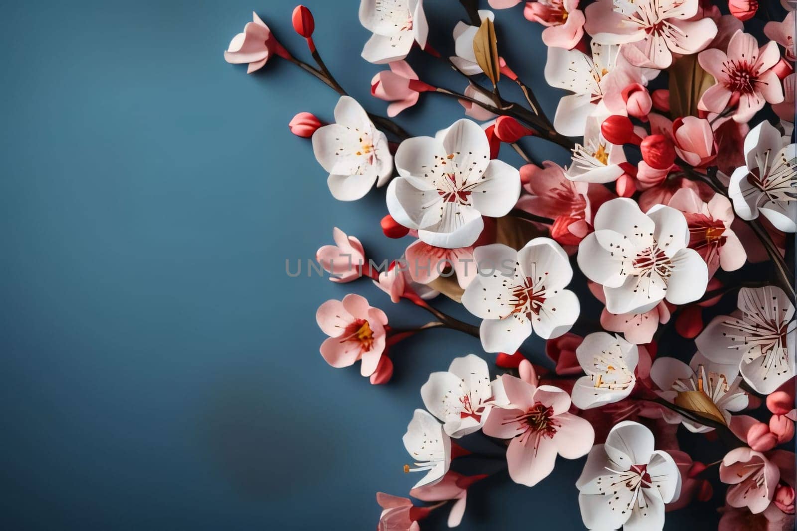 Mother's Day: Beautiful blossoming branches on blue background, flat lay. Space for text