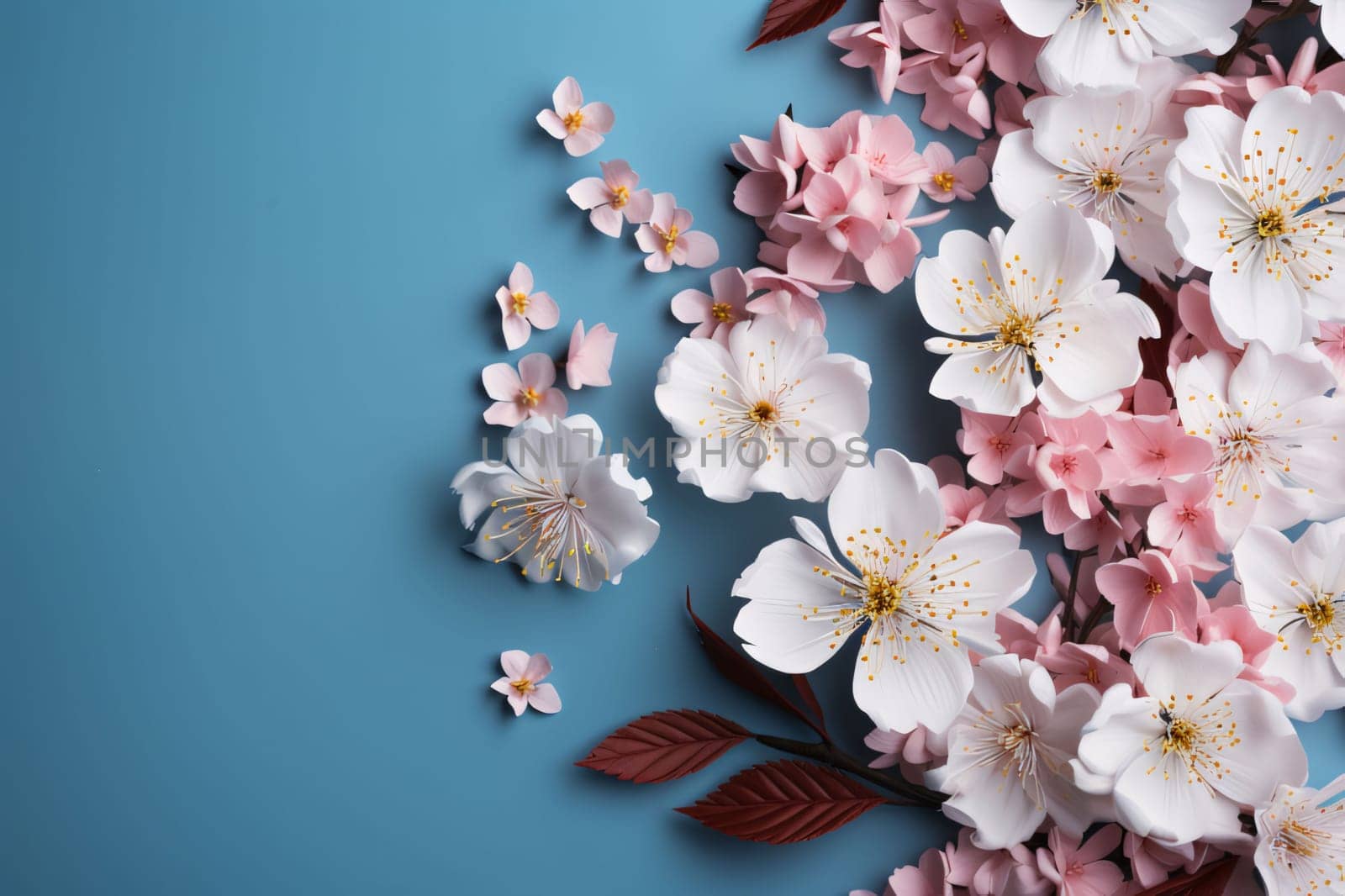 Mother's Day: Beautiful cherry blossom flowers on blue background, flat lay. Space for text