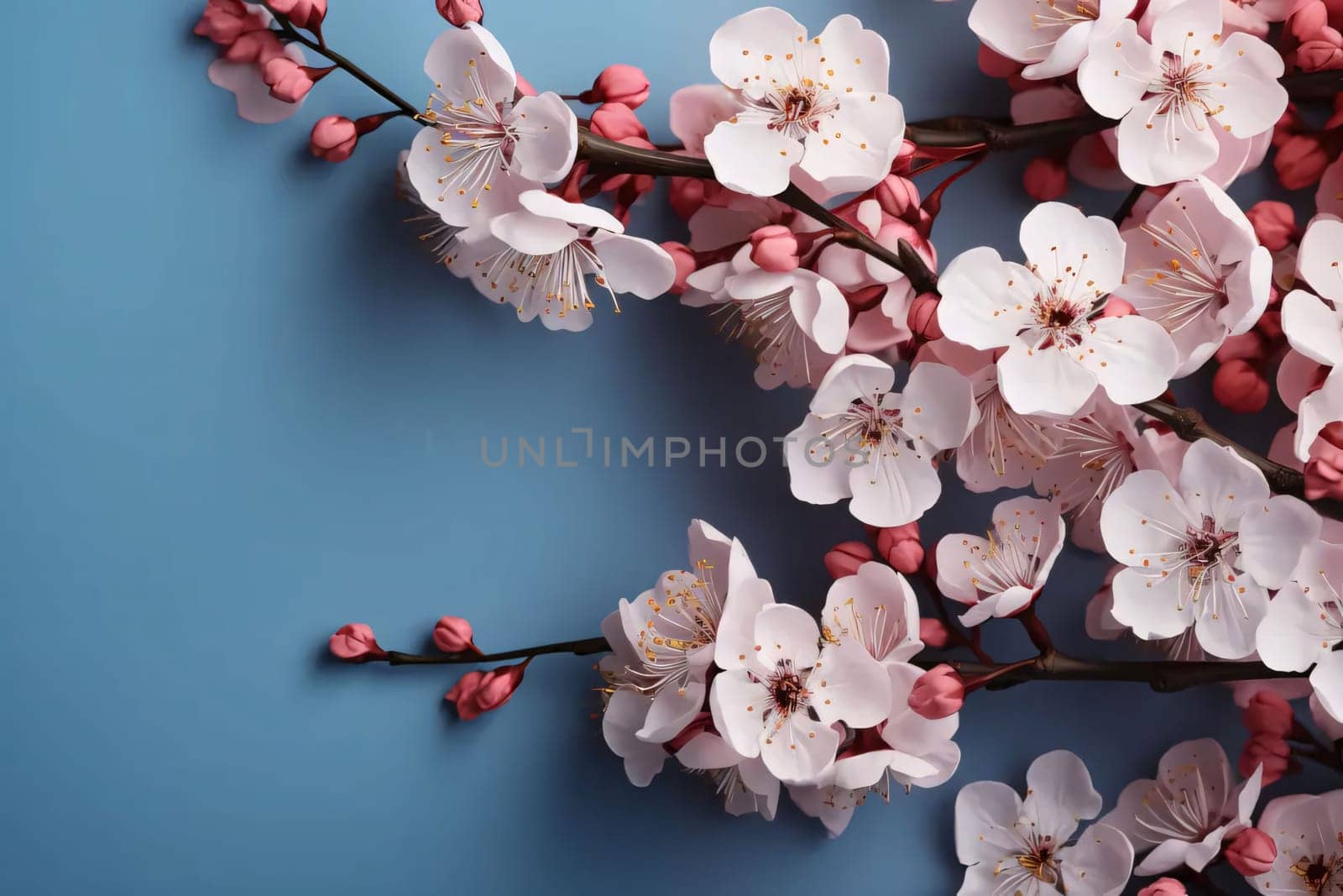 Beautiful blossoming branches on color background, top view. Space for text by ThemesS