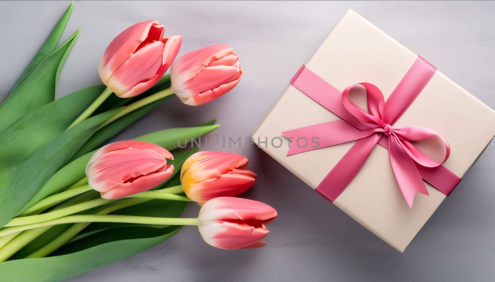 Mother's Day: Bouquet of tulips and gift box on a gray background