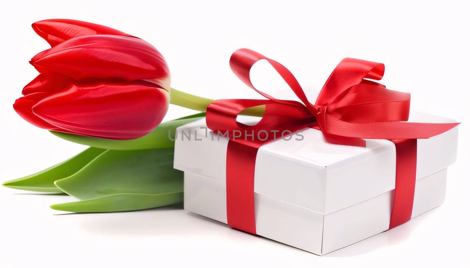 Mother's Day: Gift box and tulip flowers on white background. Valentines day