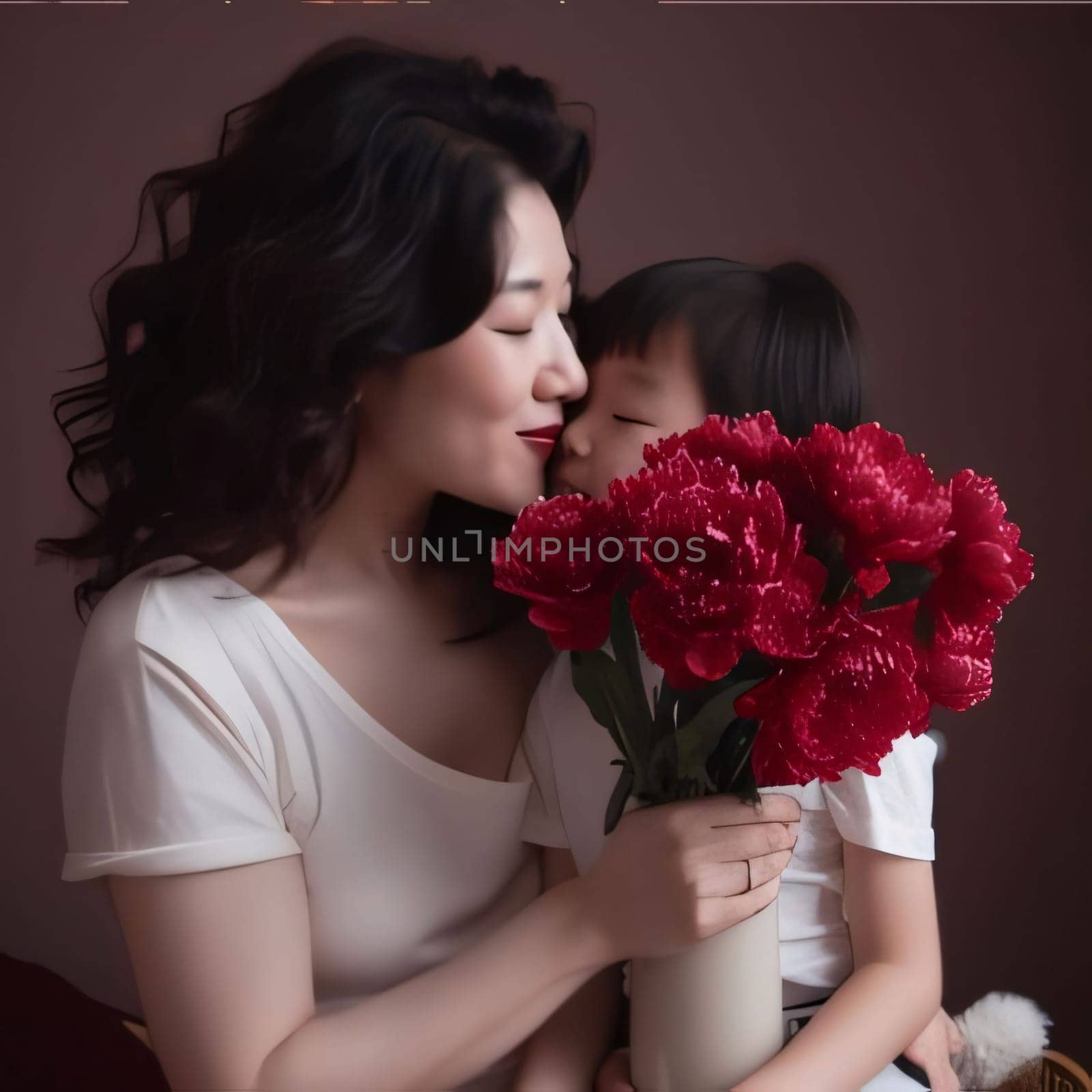 Mother's Day: Asian mother and daughter kissing and holding red peonies bouquet.