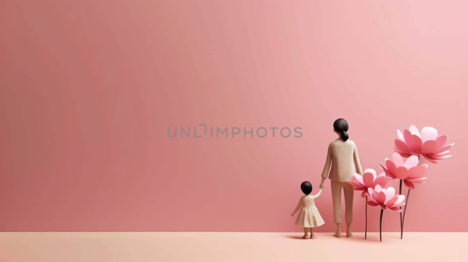 3d illustration of mother and daughter standing in front of pink background by ThemesS