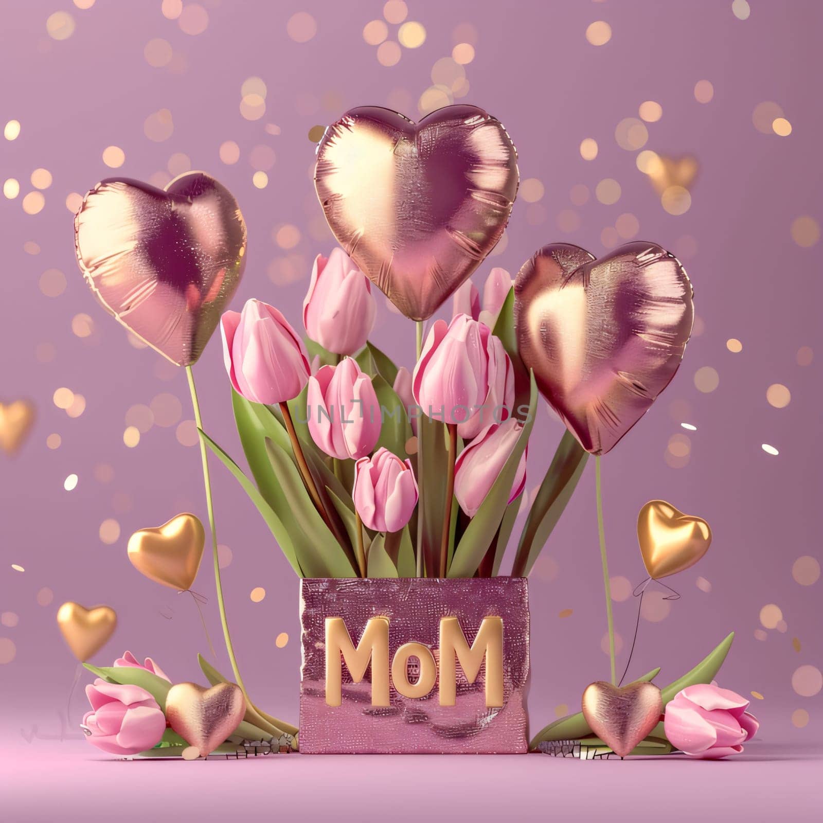 Mother's Day: Bouquet of pink tulips in a gift box. 3d rendering