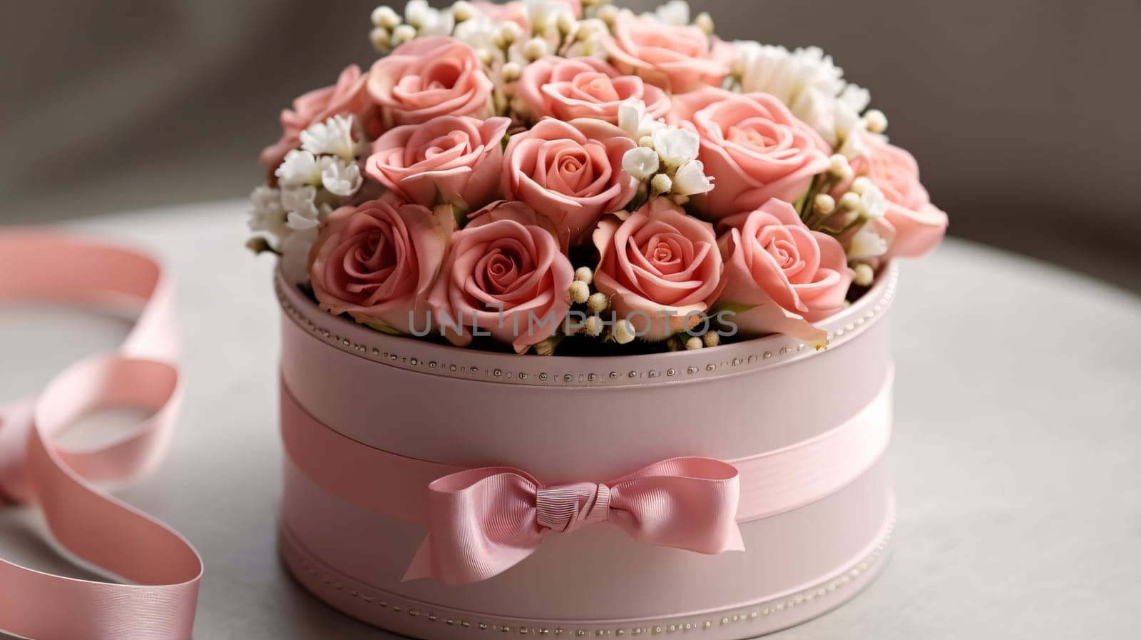 Mother's Day: Bridal bouquet of pink roses in a gift box on the table