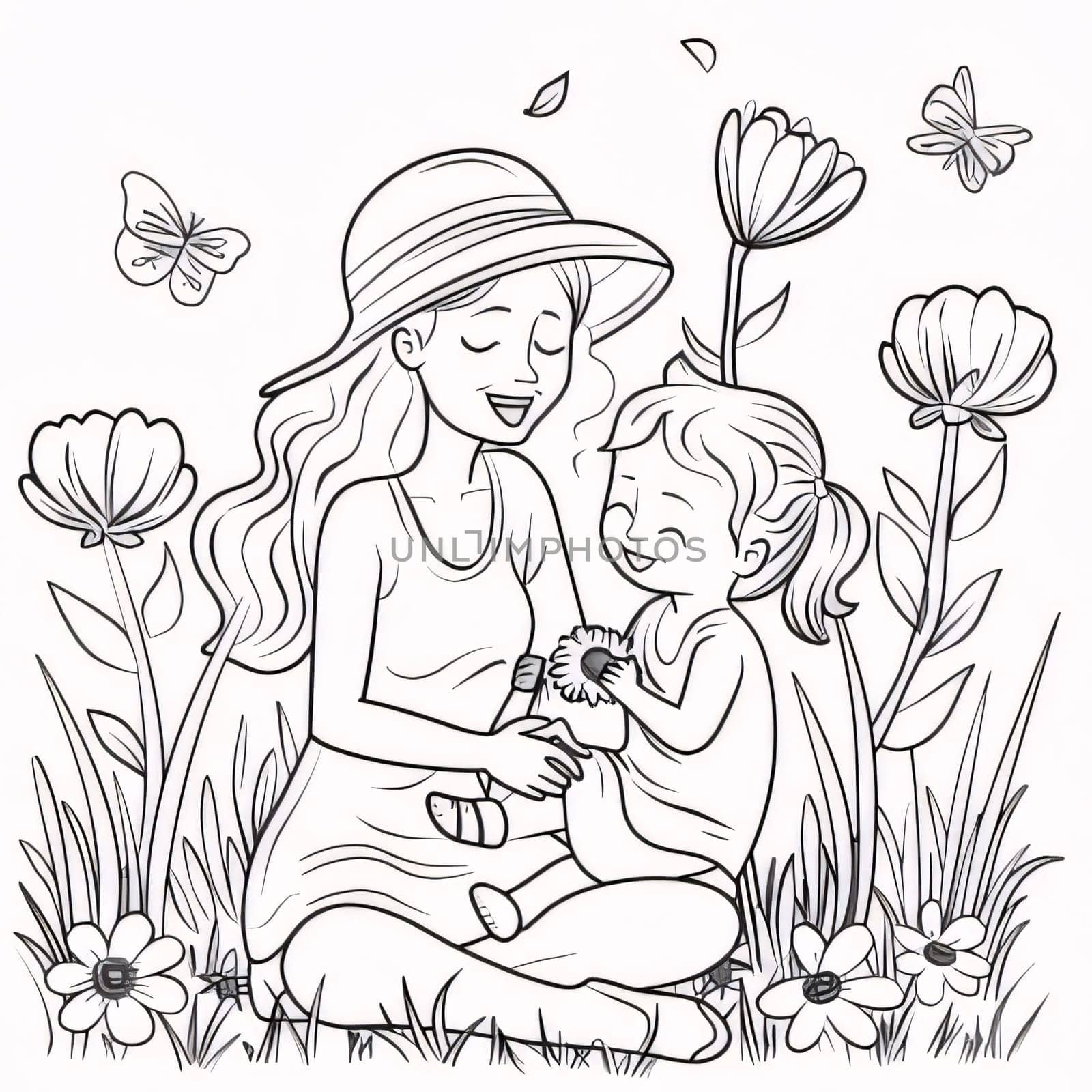 Mother and daughter in the garden with flowers. Coloring book for children by ThemesS