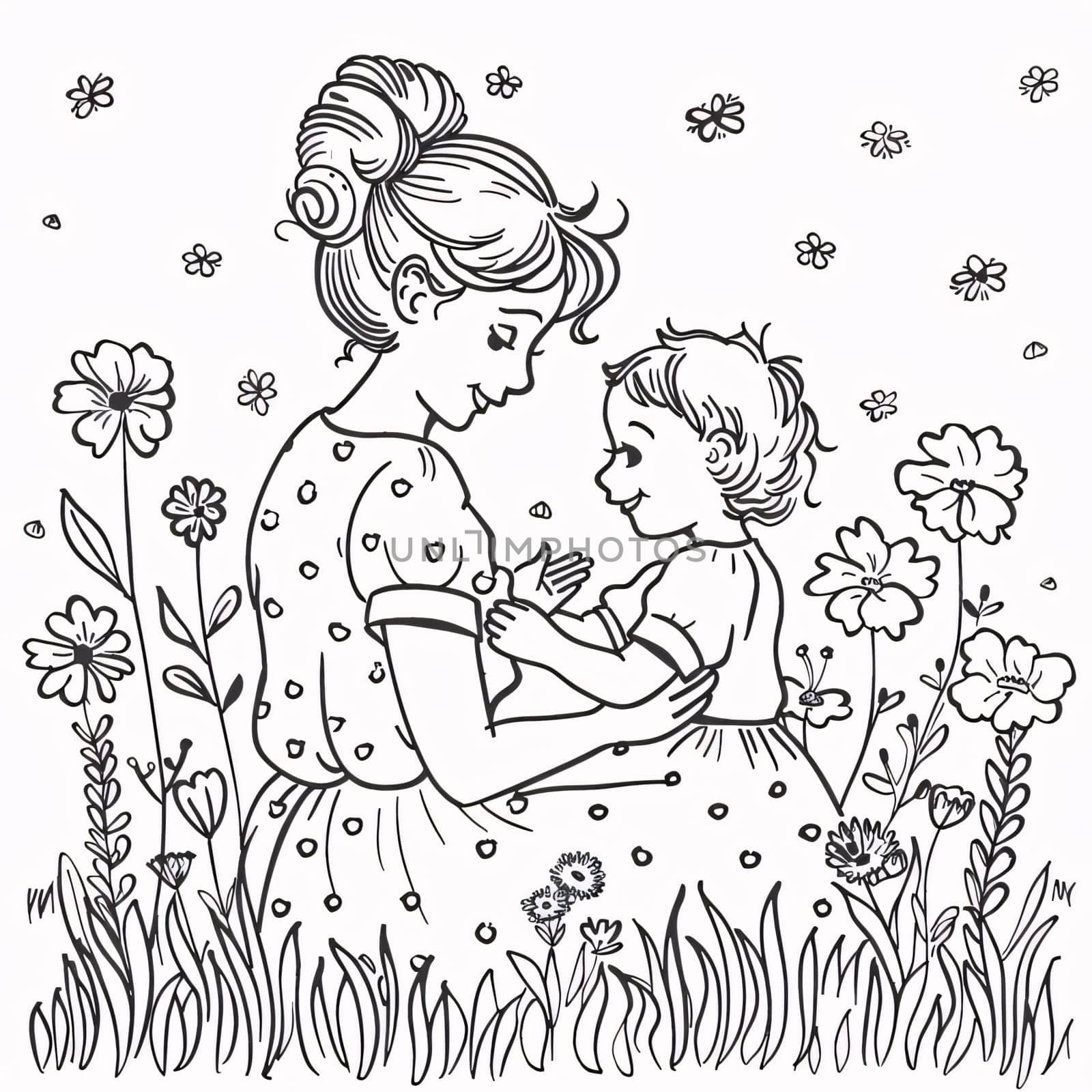 Mother and daughter in the garden. Black and white vector illustration. by ThemesS