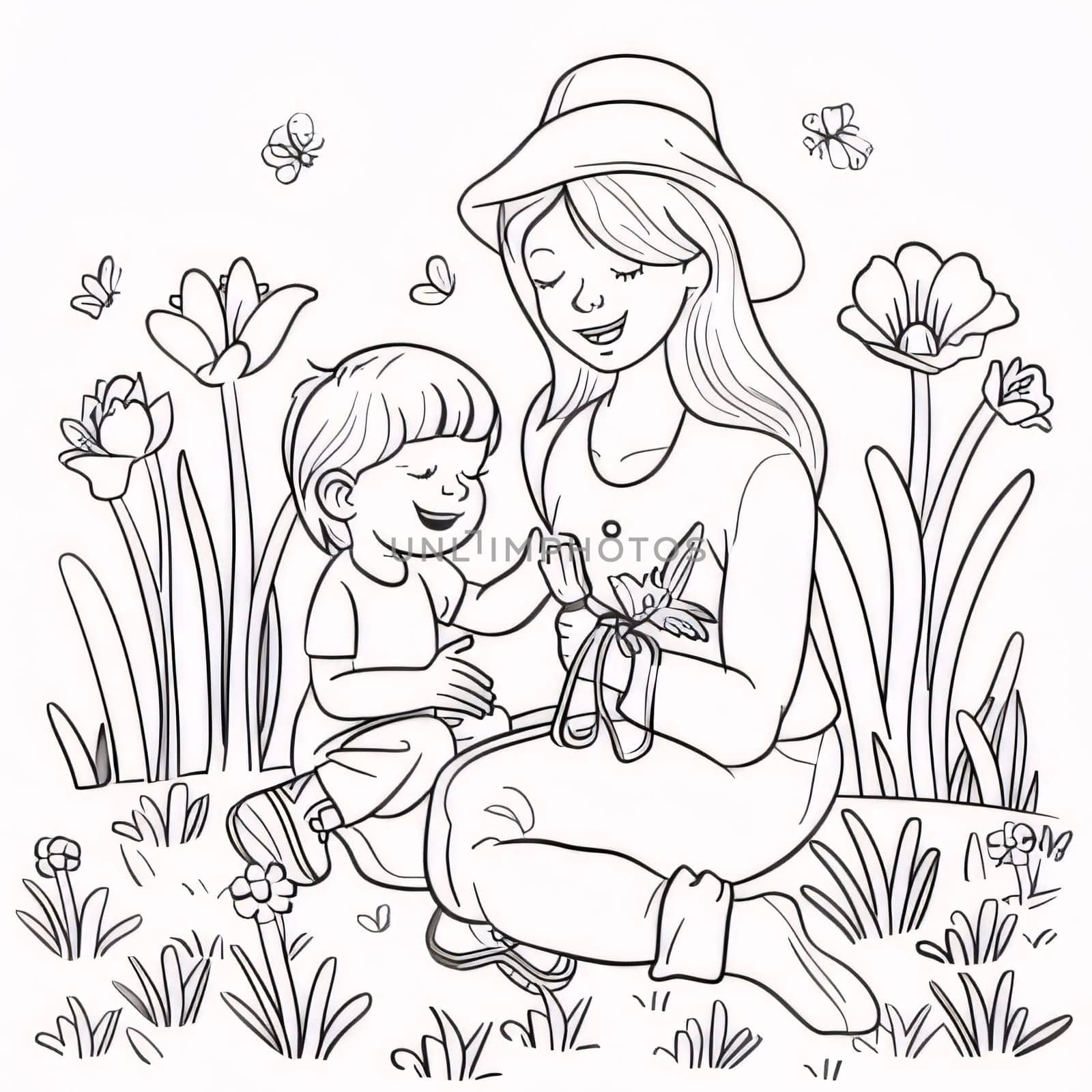 Mother's Day: Mother and son in the garden. Vector illustration. Coloring book