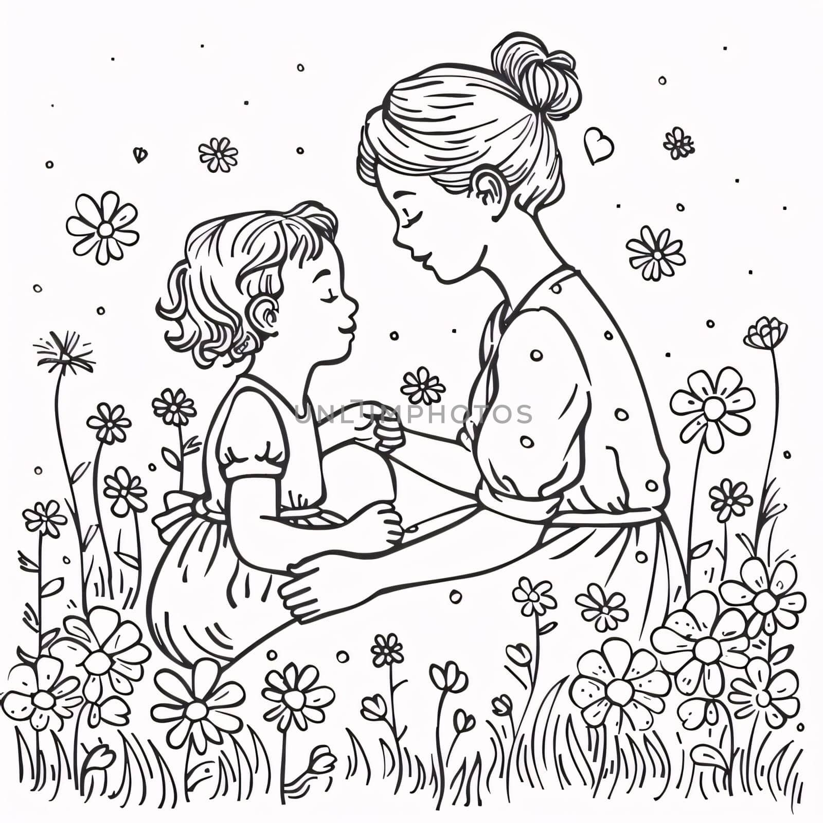 Mother and daughter in the meadow. Hand drawn vector illustration. by ThemesS