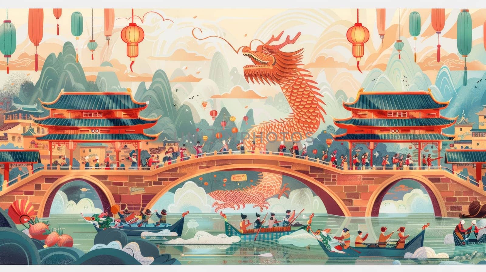 An intricate illustration of a Dragon Boat Festival with lively participants, ornate temples, and a soaring dragon against a cultural landscape