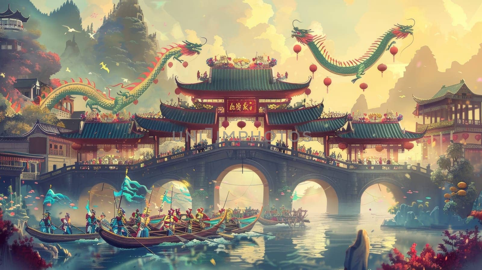 A majestic depiction of a Dragon Boat Festival, featuring ornate bridges, festive boats, and mythical dragons amidst a tranquil mountainous setting. by sfinks