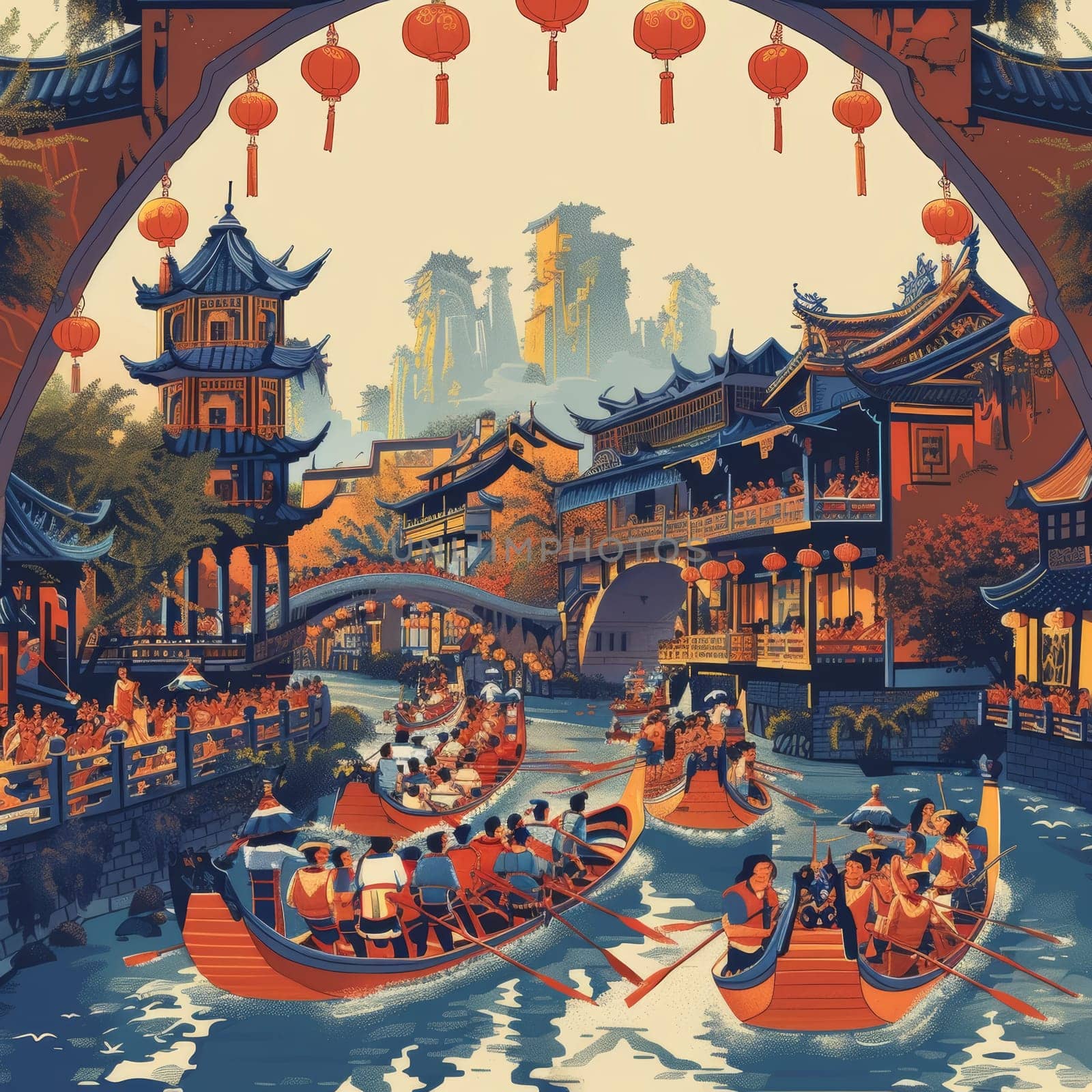 This vibrant image captures a twilight Dragon Boat Festival, with traditional architecture and boats under a serene, lantern-lit sky
