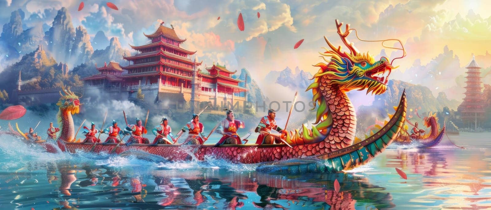 An epic scene with a dragon boat slicing through the water, rowers in sync, with a mythical dragon head leading against a traditional temple backdrop