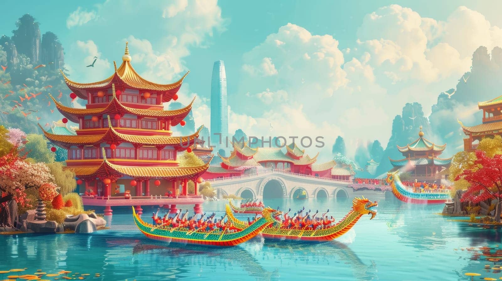 A tranquil procession of dragon boats flows by ornate Chinese architecture, surrounded by blooming flora and tranquil waters under a clear sky. by sfinks